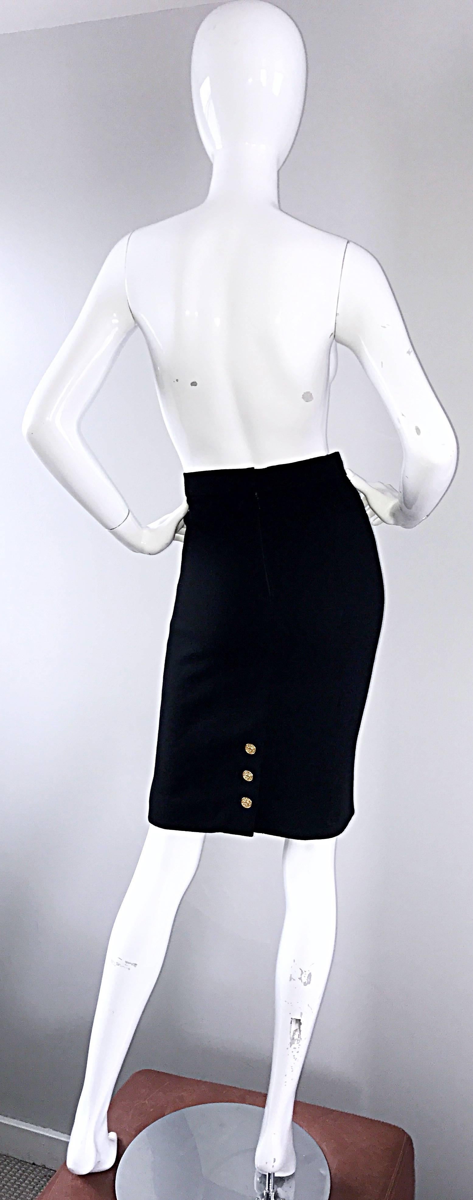 Vintage Chanel Black Wool High Waisted 90s Bodycon Pencil Skirt Gold CC Buttons For Sale 3