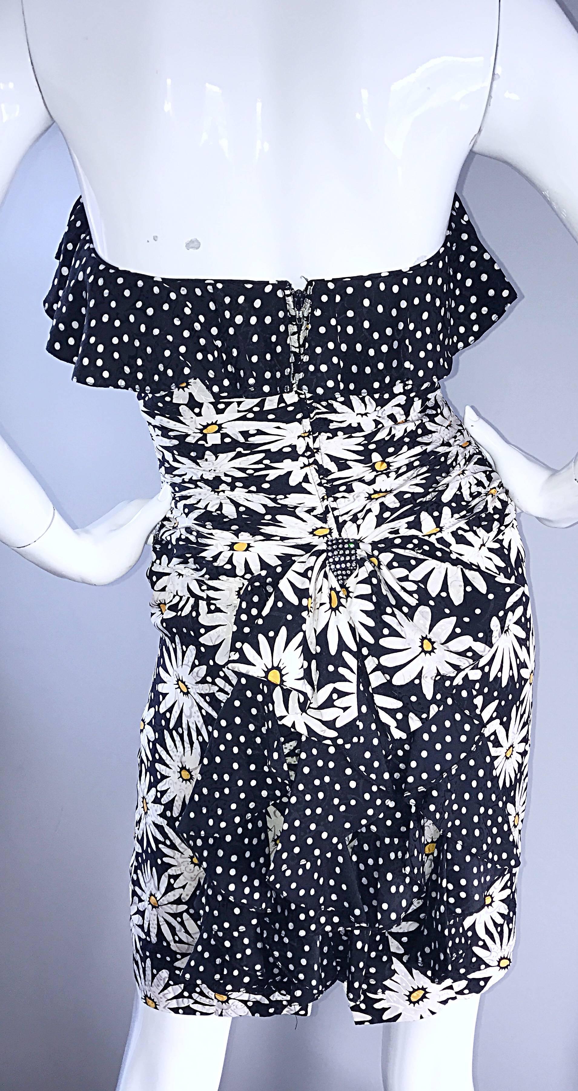 Favoloso abito vintage anni '80 con stampa a pois margherita bianca e nera Sz 4 senza spalline In condizioni ottime in vendita a San Diego, CA