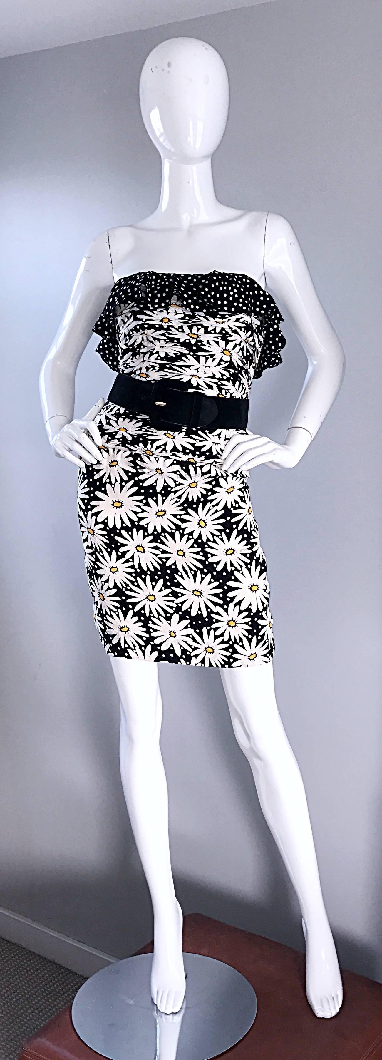 Women's Fabulous Vintage 80s Black and White Daisy Polka Dot Print Sz 4 Strapless Dress  For Sale