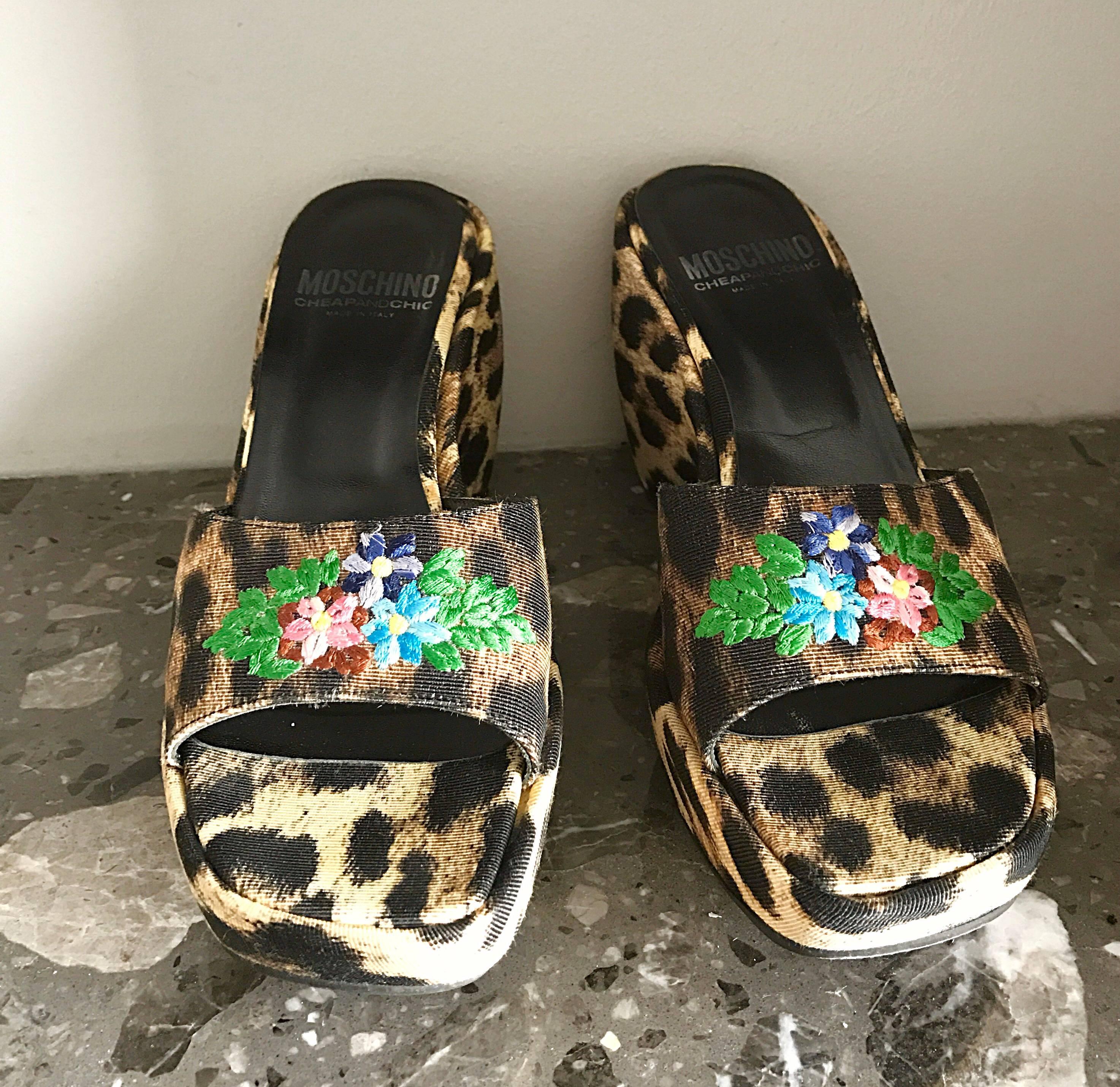 New Vintage Moschino Cheap & Chic 1990s Leopard + Flower Embroidered Wedges 36 6 For Sale 1