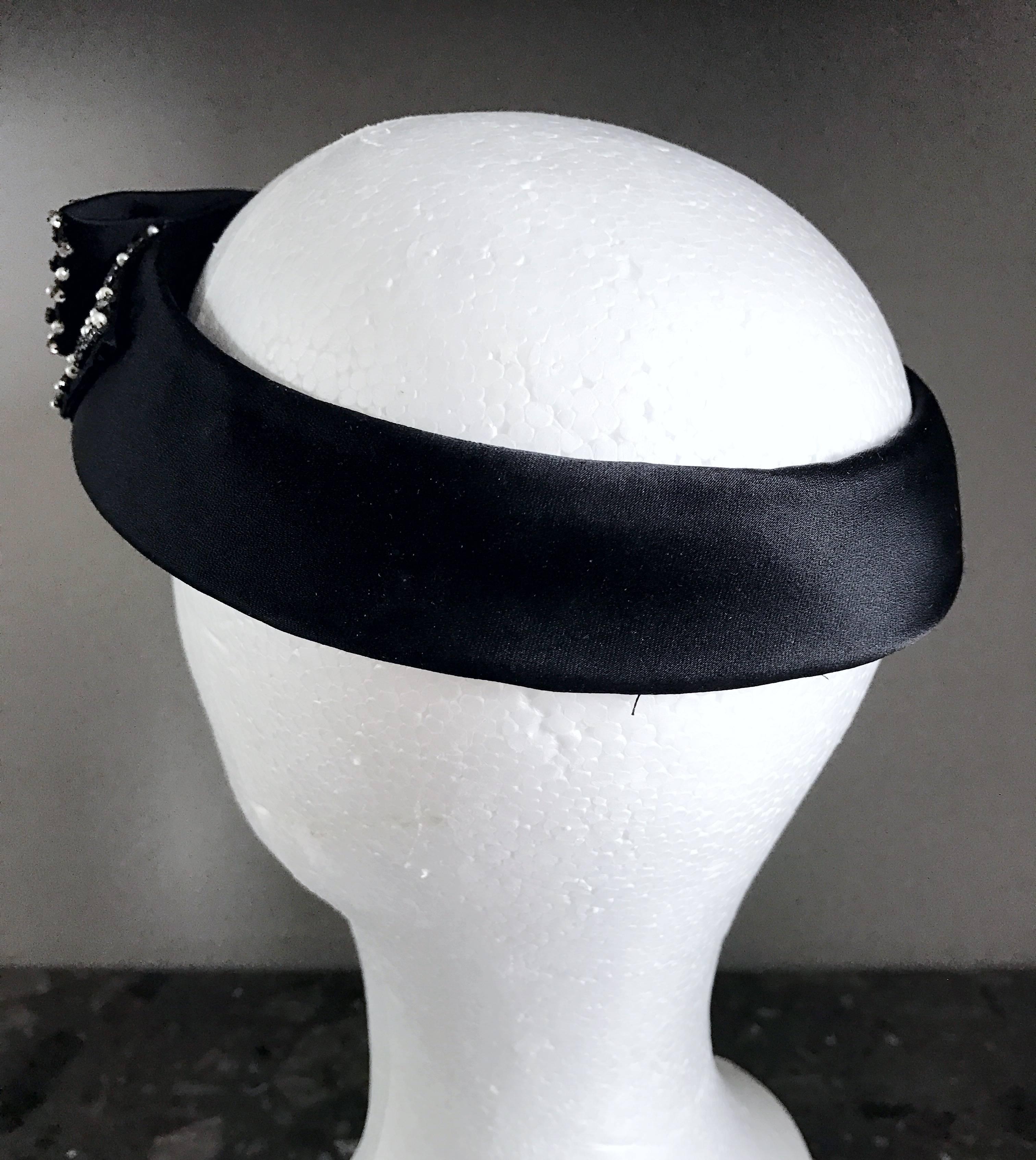 Women's Chic 1960s I Magnin Black Silk 60s Rhinestone and Pearl ' Bow ' Vintage Halo Hat