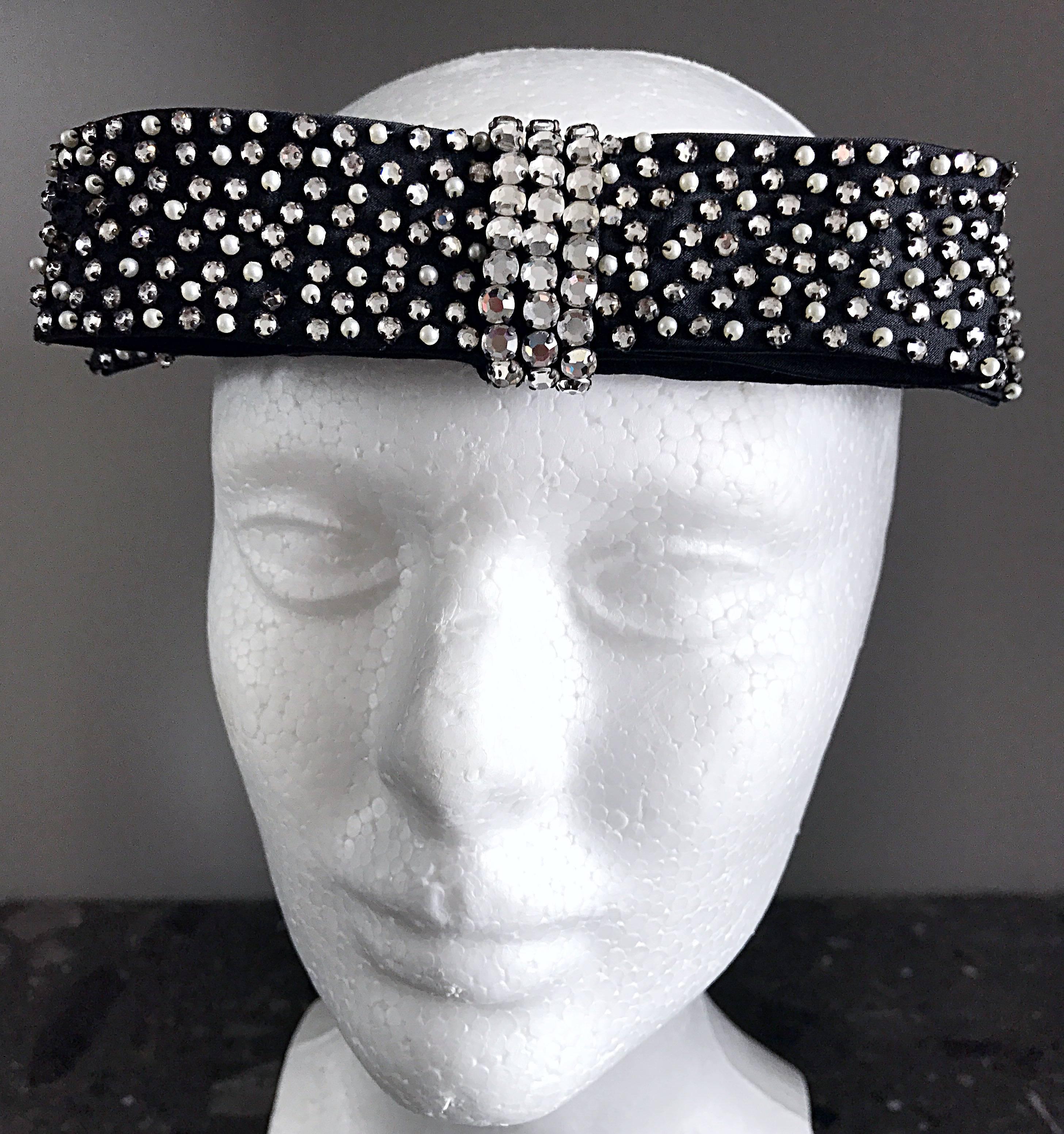 Chic 1960s I Magnin Black Silk 60s Rhinestone and Pearl ' Bow ' Vintage Halo Hat 3