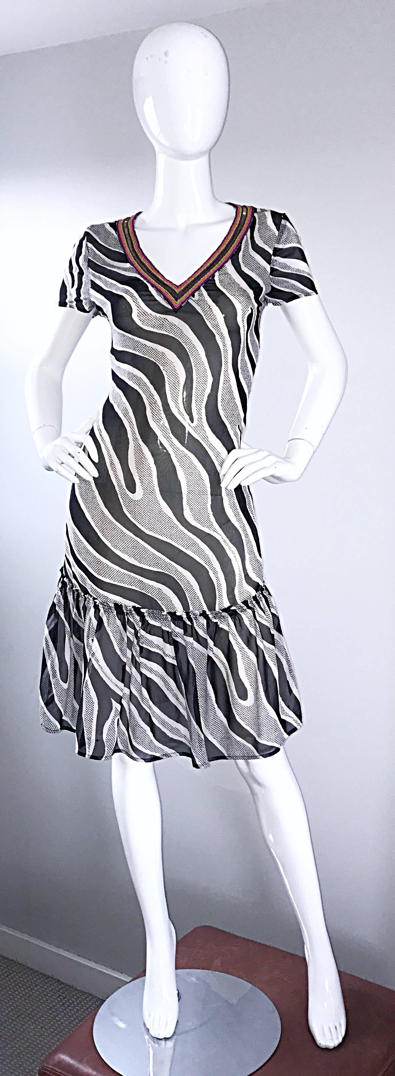 MOSCHINO Cheap & Chic 1990s Vintage Black and White Chiffon Beaded 90s Dress In Excellent Condition In San Diego, CA