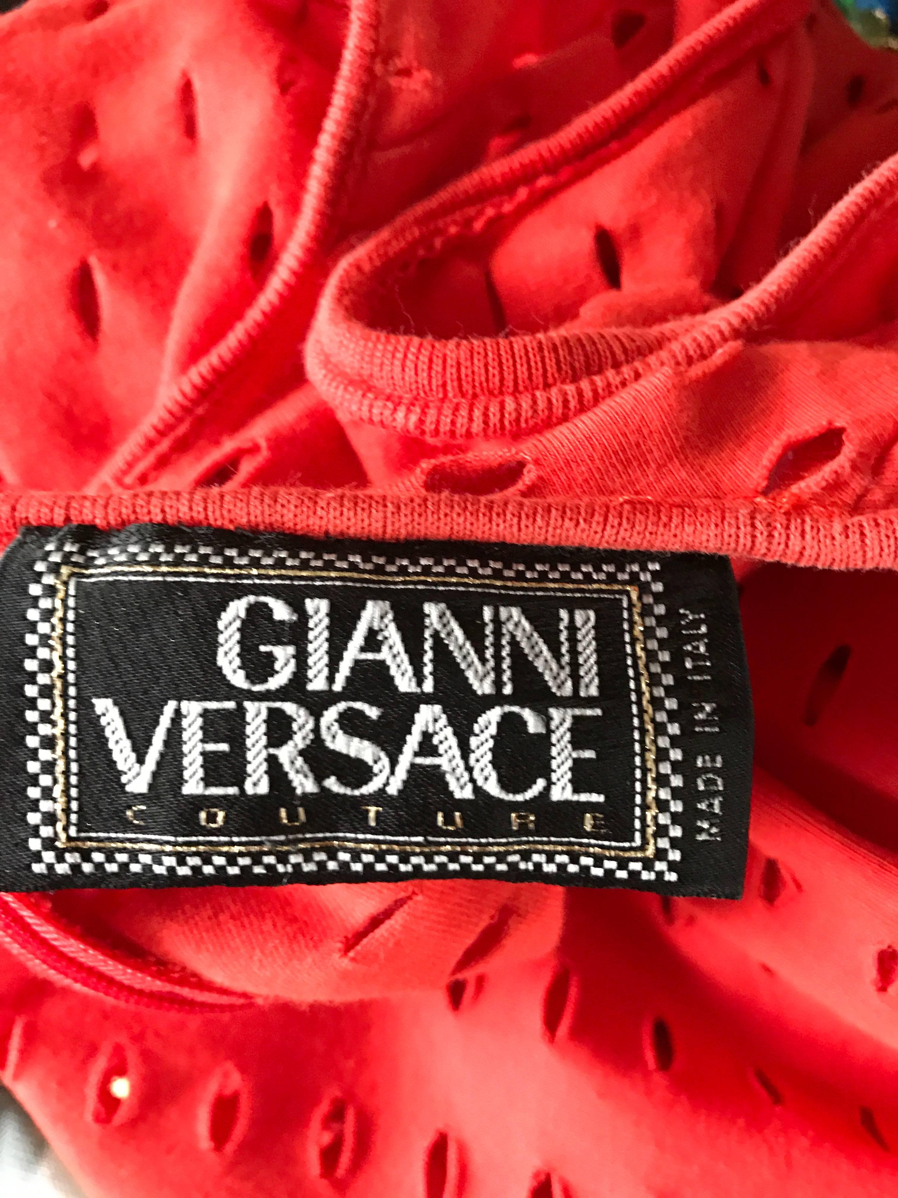 1990s Gianni Versace Couture Red Cut - Out Sexy Bodycon 90s Vintage Mini Dress 3