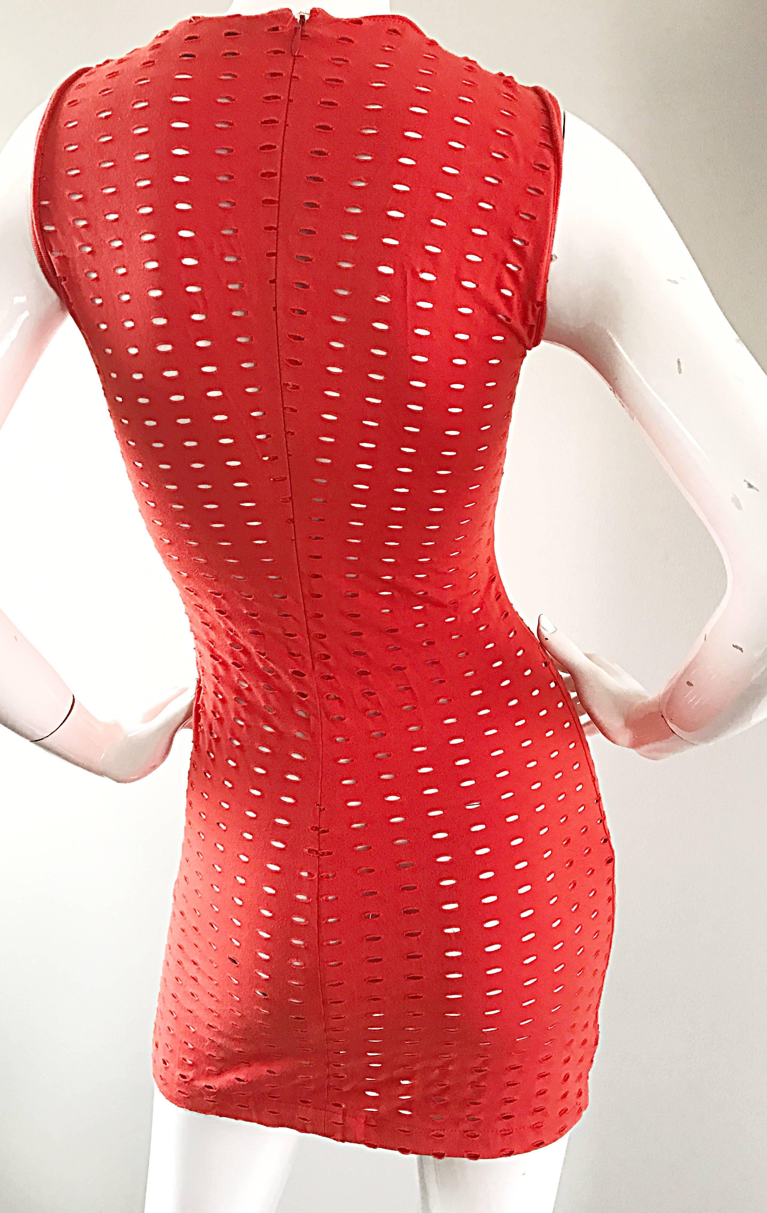 1990s Gianni Versace Couture Red Cut - Out Sexy Bodycon 90s Vintage Mini Dress In Excellent Condition In San Diego, CA