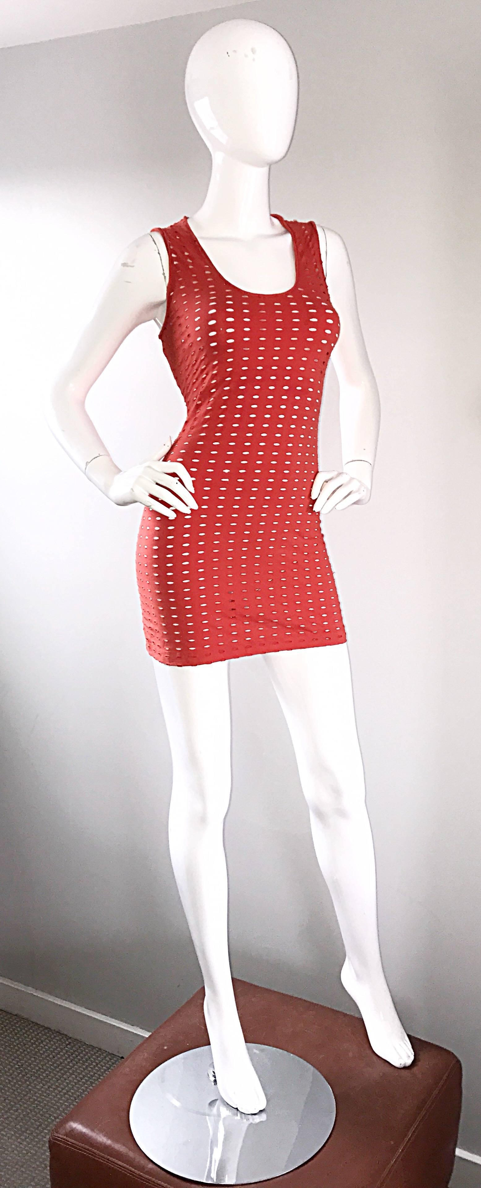 1990s Gianni Versace Couture Red Cut - Out Sexy Bodycon 90s Vintage Mini Dress 1
