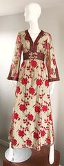 Bill Blass Vintage Red and Gold Silk Lurex Asian Inspired Gown, 1970s