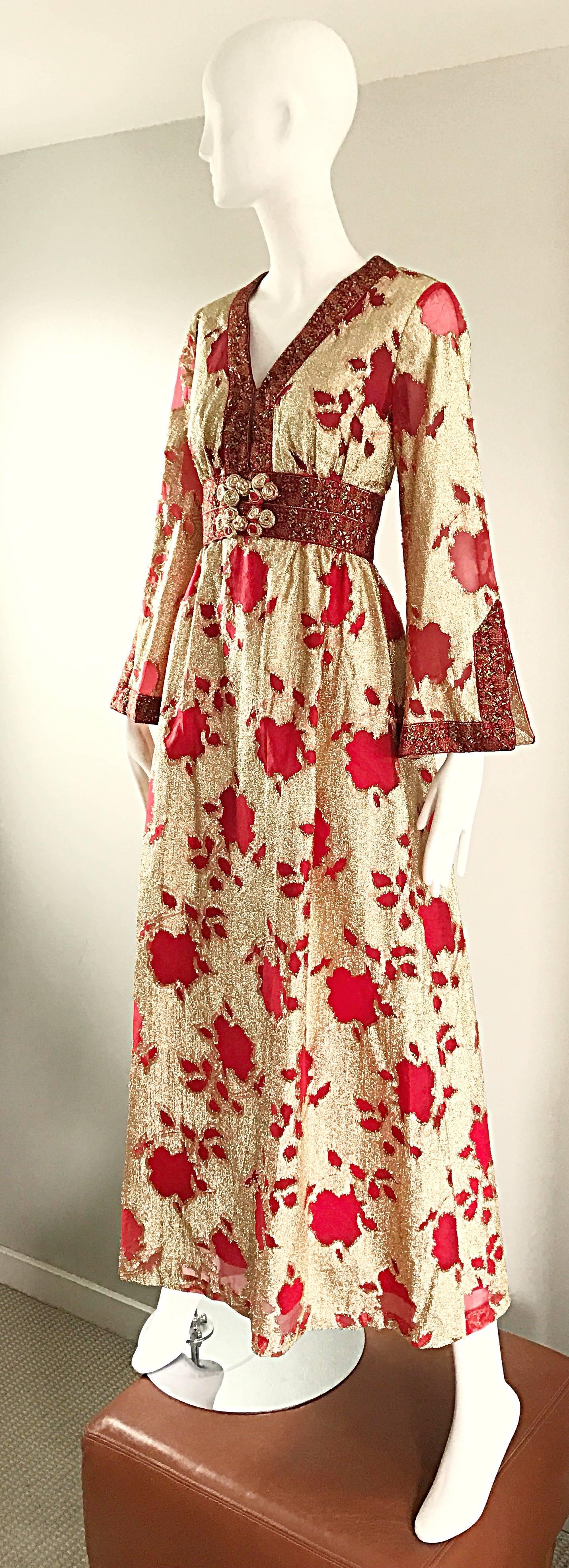 Beige Bill Blass Vintage Red and Gold Silk Lurex Asian Inspired Gown, 1970s  For Sale