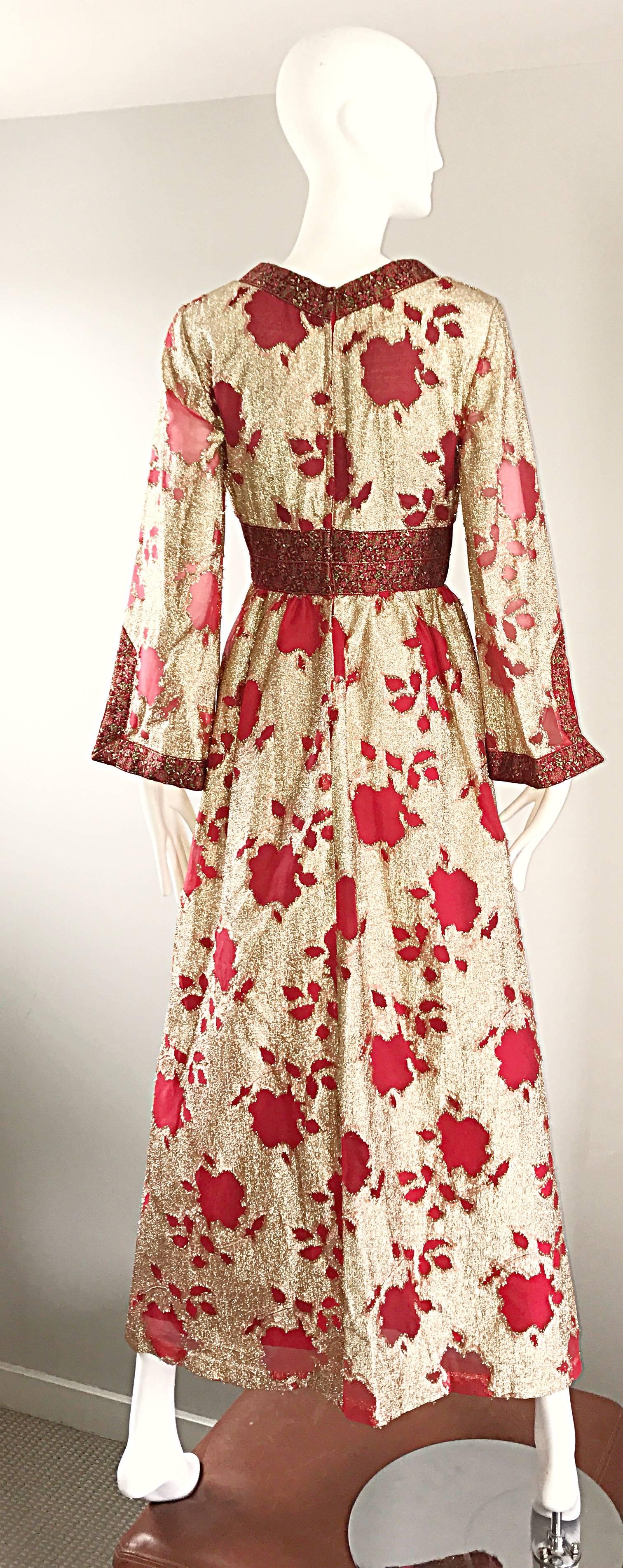 Women's Bill Blass Vintage Red and Gold Silk Lurex Asian Inspired Gown, 1970s  For Sale