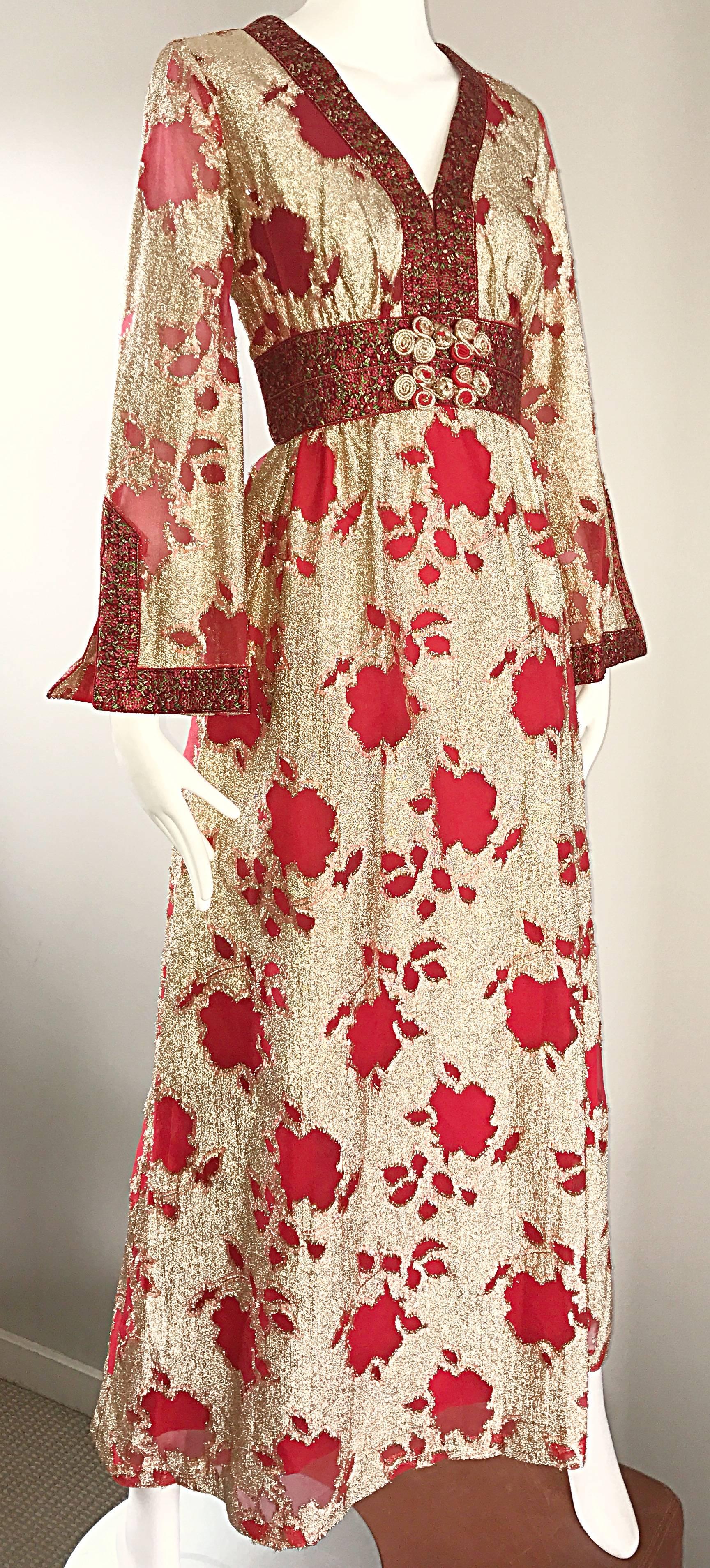 Bill Blass Vintage Red and Gold Silk Lurex Asian Inspired Gown, 1970s  For Sale 1