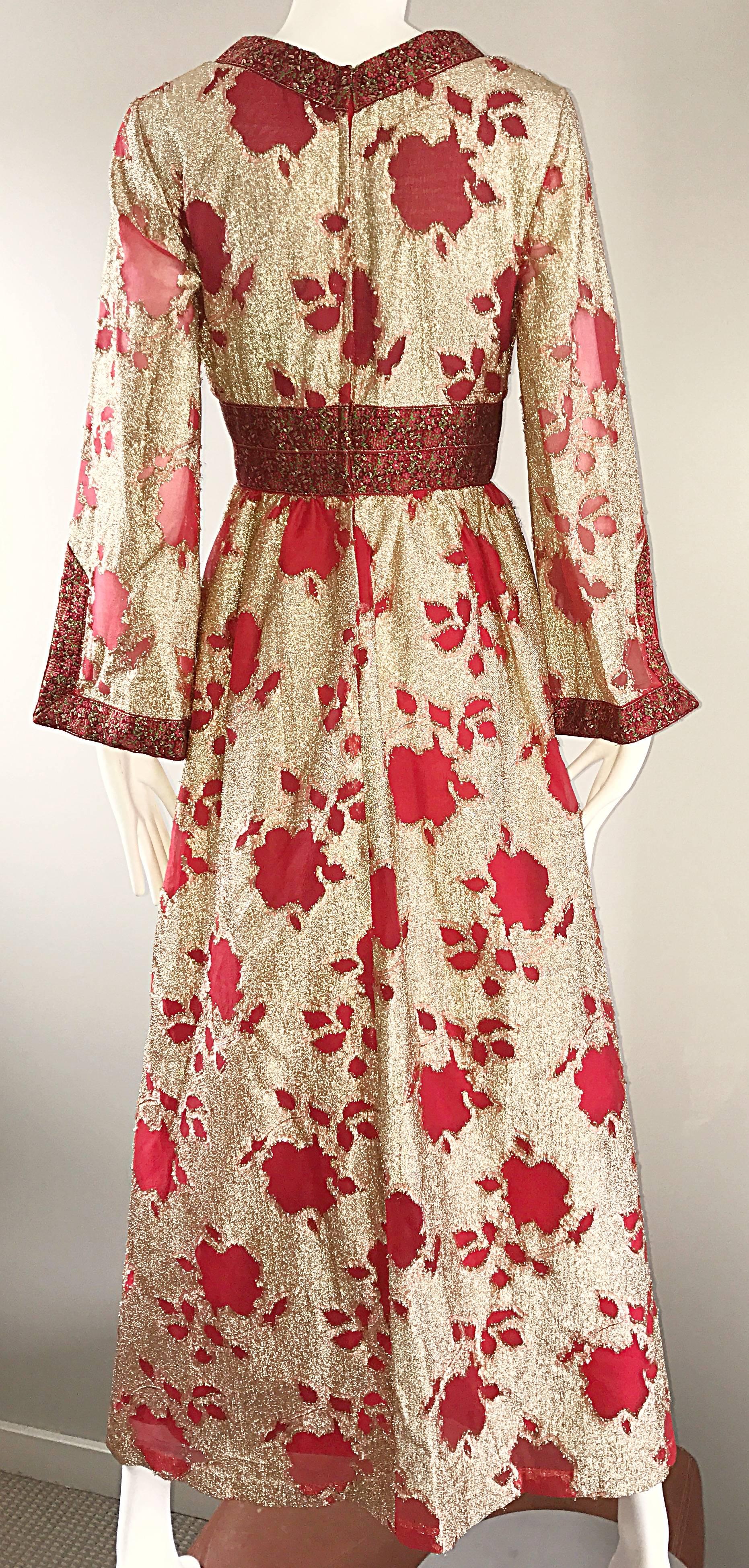 Bill Blass Vintage Red and Gold Silk Lurex Asian Inspired Gown, 1970s  For Sale 3