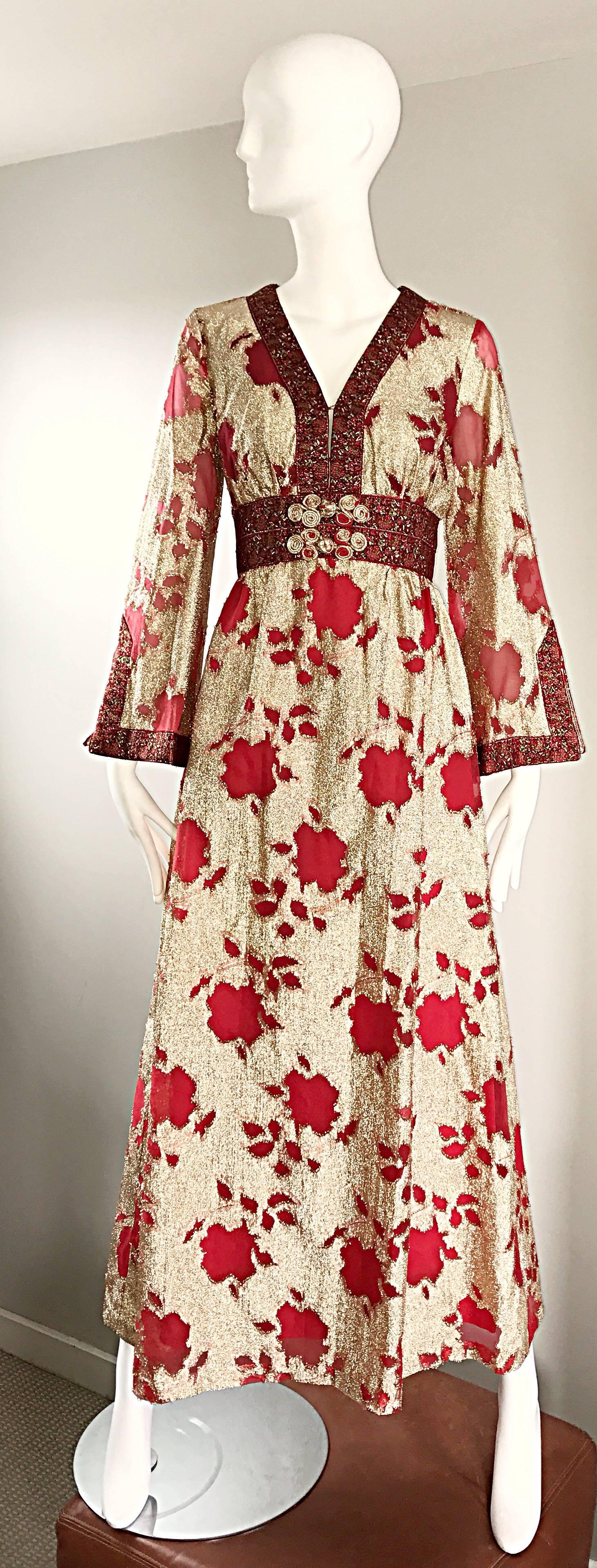 Bill Blass Vintage Red and Gold Silk Lurex Asian Inspired Gown, 1970s  For Sale 4
