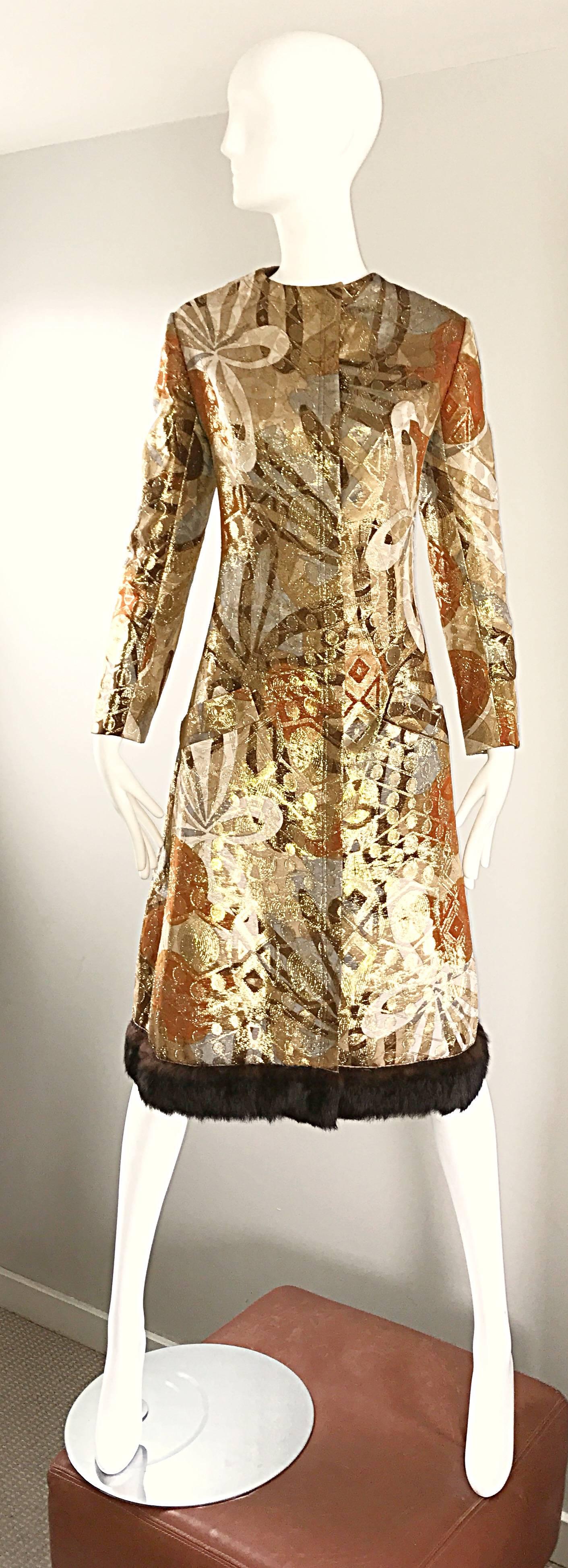 Sensational vintage 1960s BILL BLASS metallic silk A-Line dress or jacket! Features fabulous abstract prints in warm hues of gold, brown, silver, and bronze throughout. Soft brown mink fur trim along the hem. Pockets at both sides of the hips.