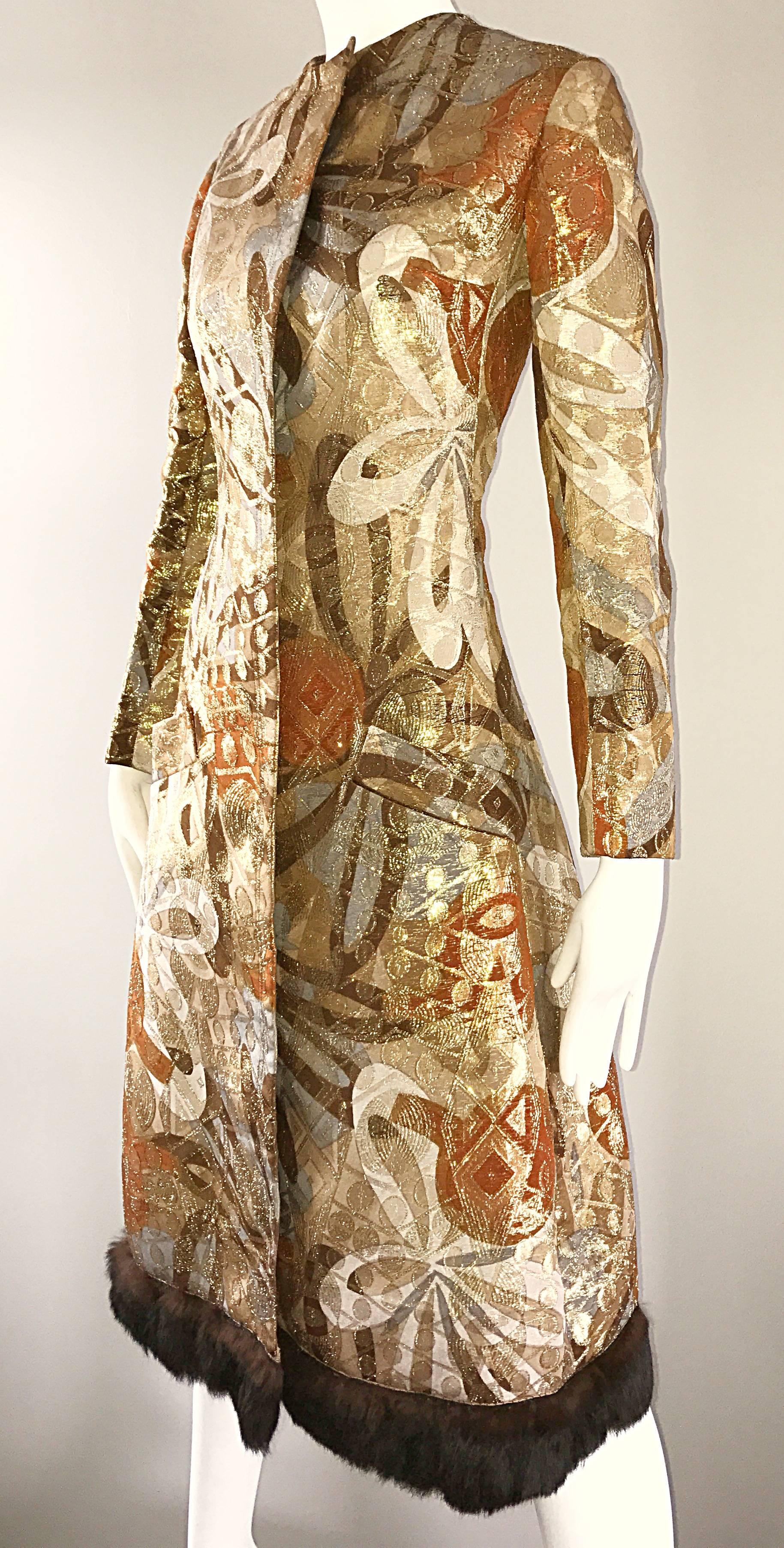 Brown Bill Blass 1960s Vintage Silk Metallic 60s Mink Trimmed Dress Jacket Swing Coat  For Sale