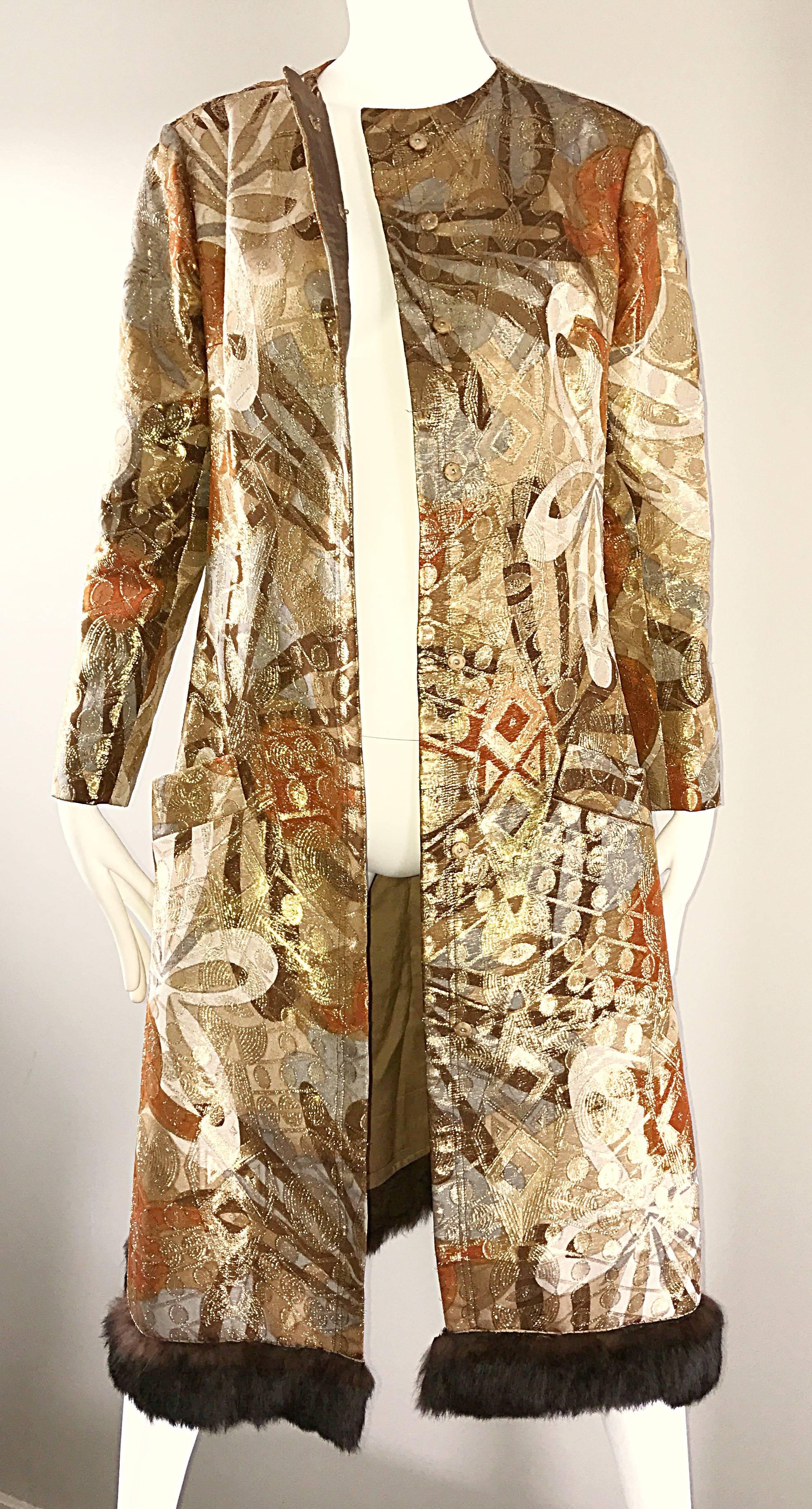 Bill Blass 1960s Vintage Silk Metallic 60s Mink Trimmed Dress Jacket Swing Coat  In Excellent Condition For Sale In San Diego, CA
