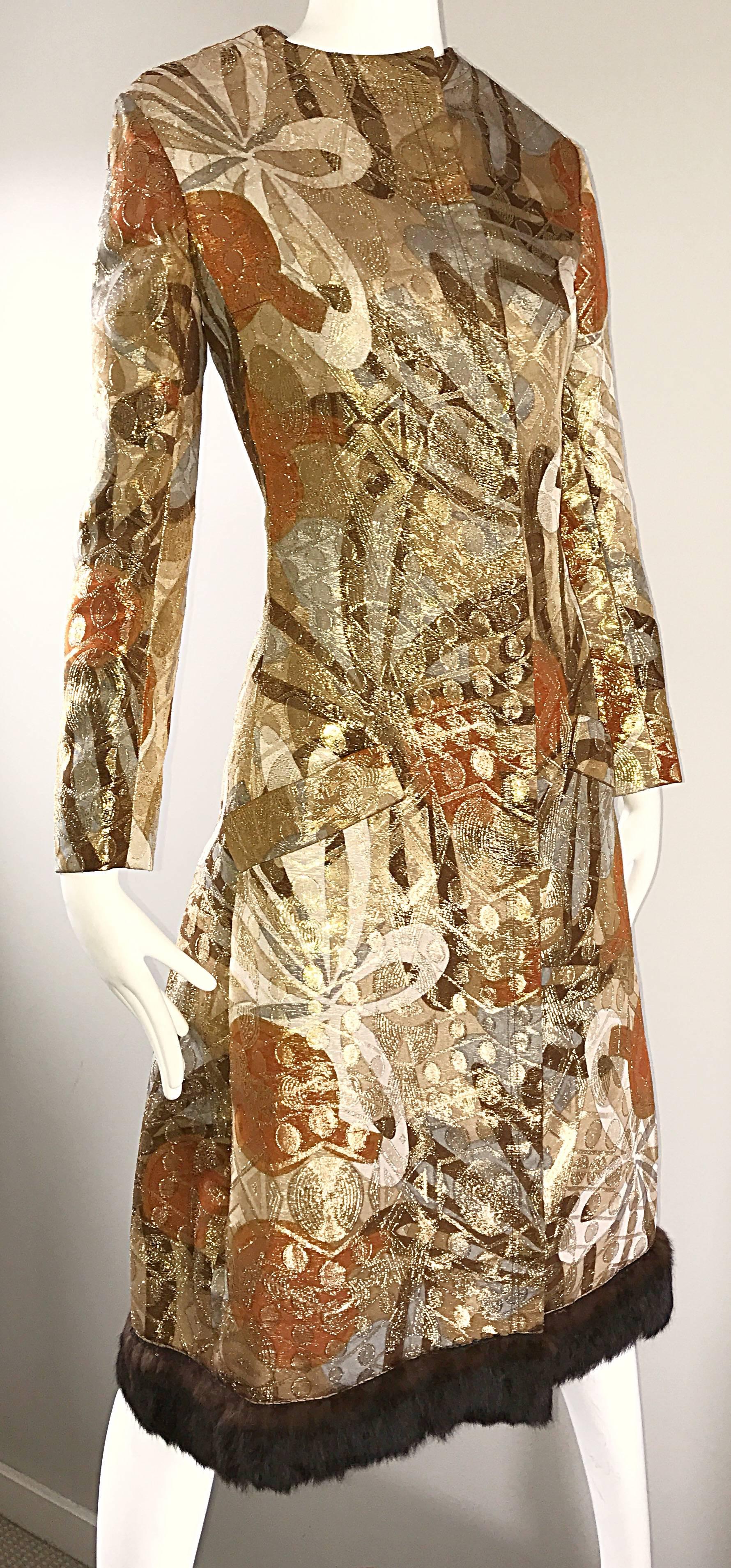 Women's Bill Blass 1960s Vintage Silk Metallic 60s Mink Trimmed Dress Jacket Swing Coat  For Sale