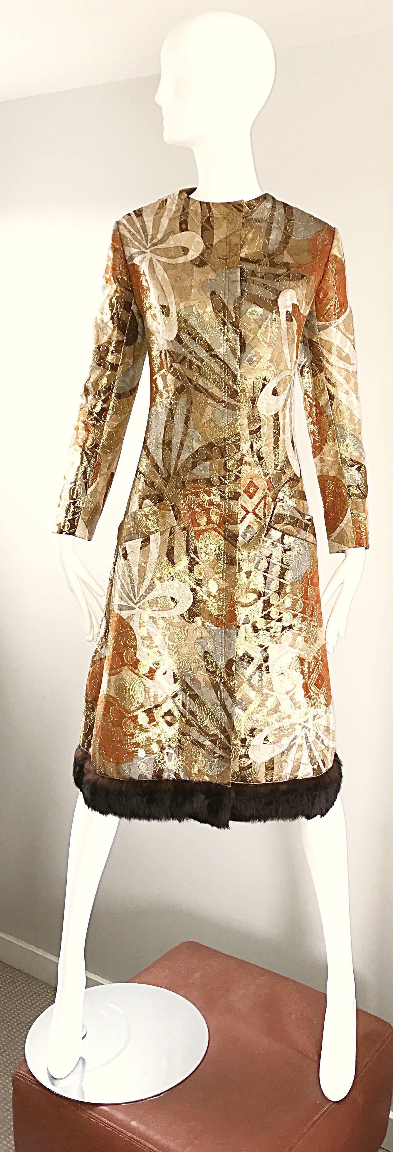 Bill Blass 1960s Vintage Silk Metallic 60s Mink Trimmed Dress Jacket Swing Coat  For Sale 1