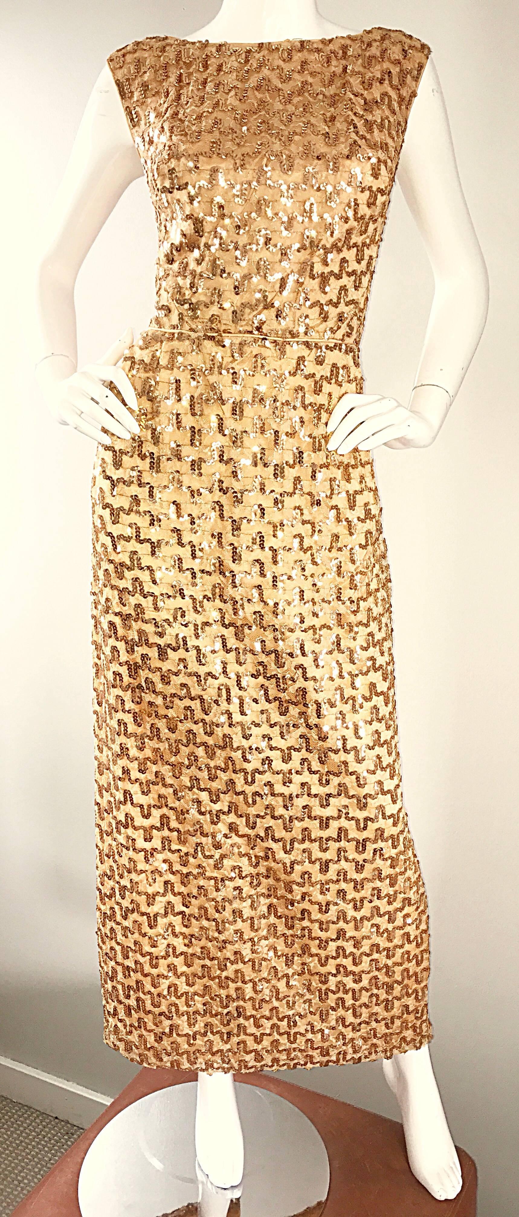 Brown Amazing 1960s Vintage Gold Silk Fully Sequined Sleeveless 60s Evening Gown Dress For Sale
