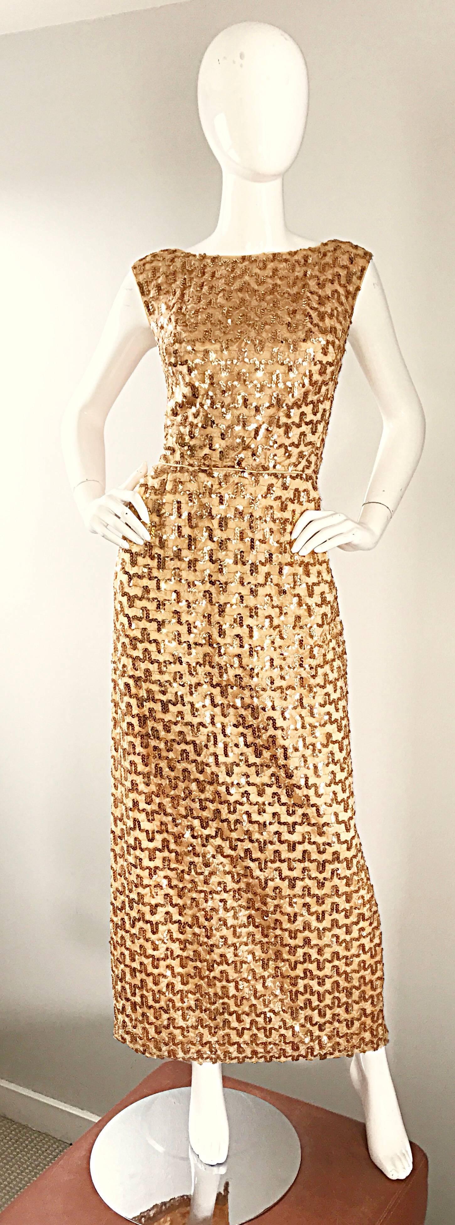 Amazing 1960s Vintage Gold Silk Fully Sequined Sleeveless 60s Evening Gown Dress For Sale 1
