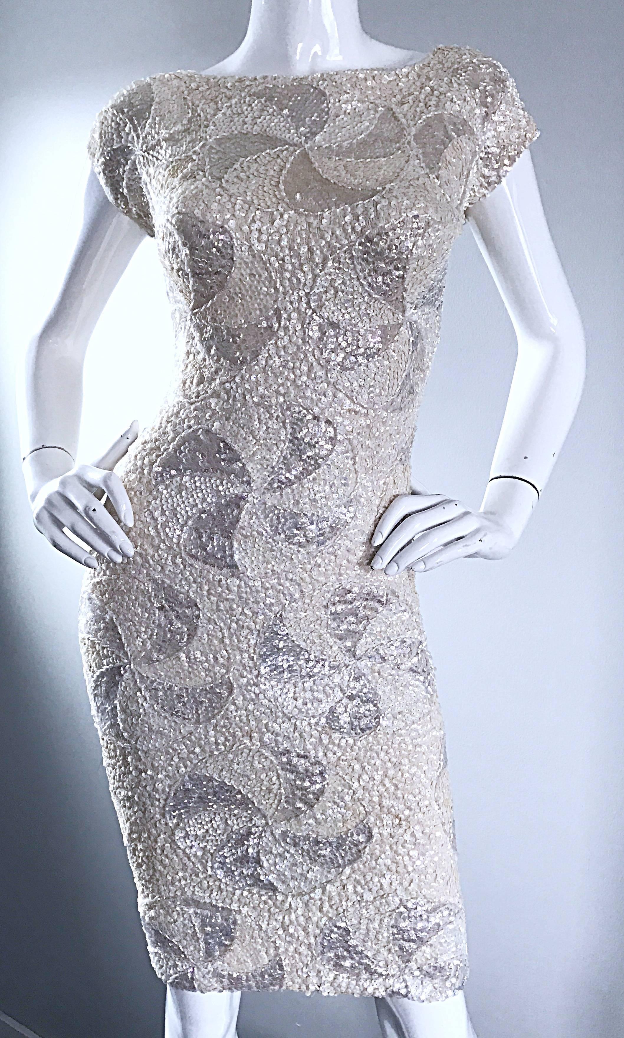 Women's Gene Shelly Ivory White Wool Knit Fully Sequined Vintage Wiggle Dress, 1950s