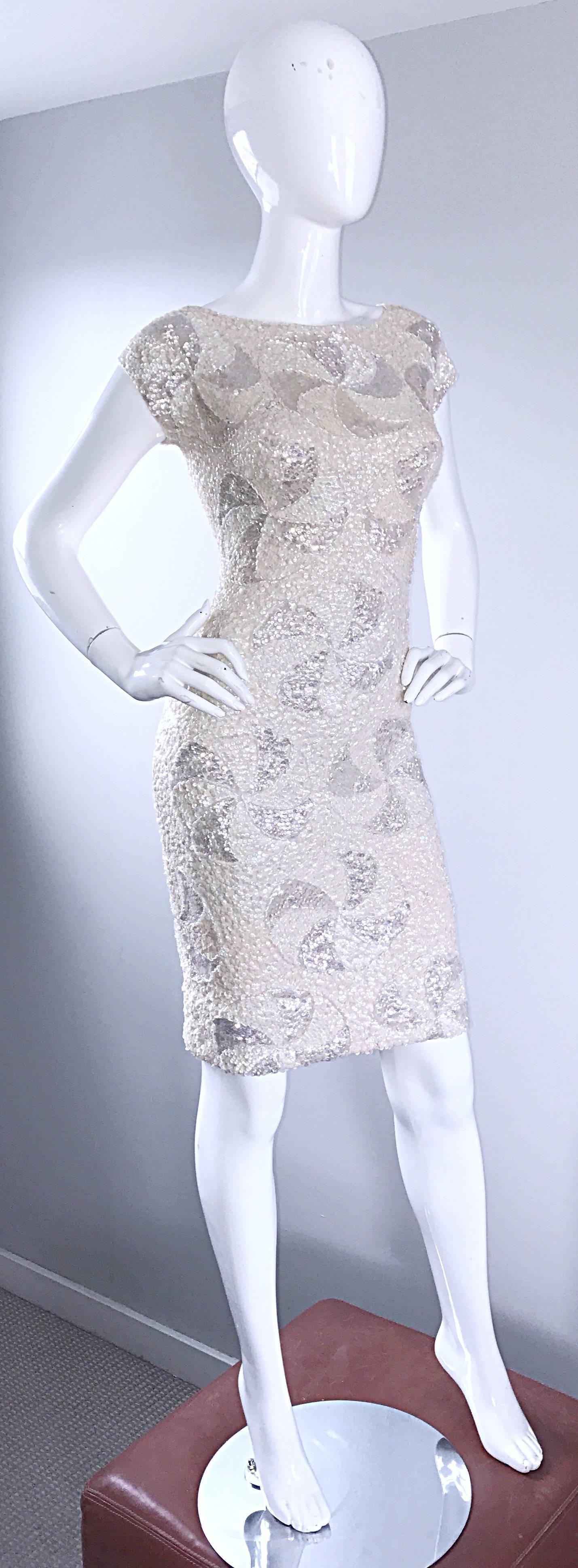 Gene Shelly Ivory White Wool Knit Fully Sequined Vintage Wiggle Dress, 1950s  2