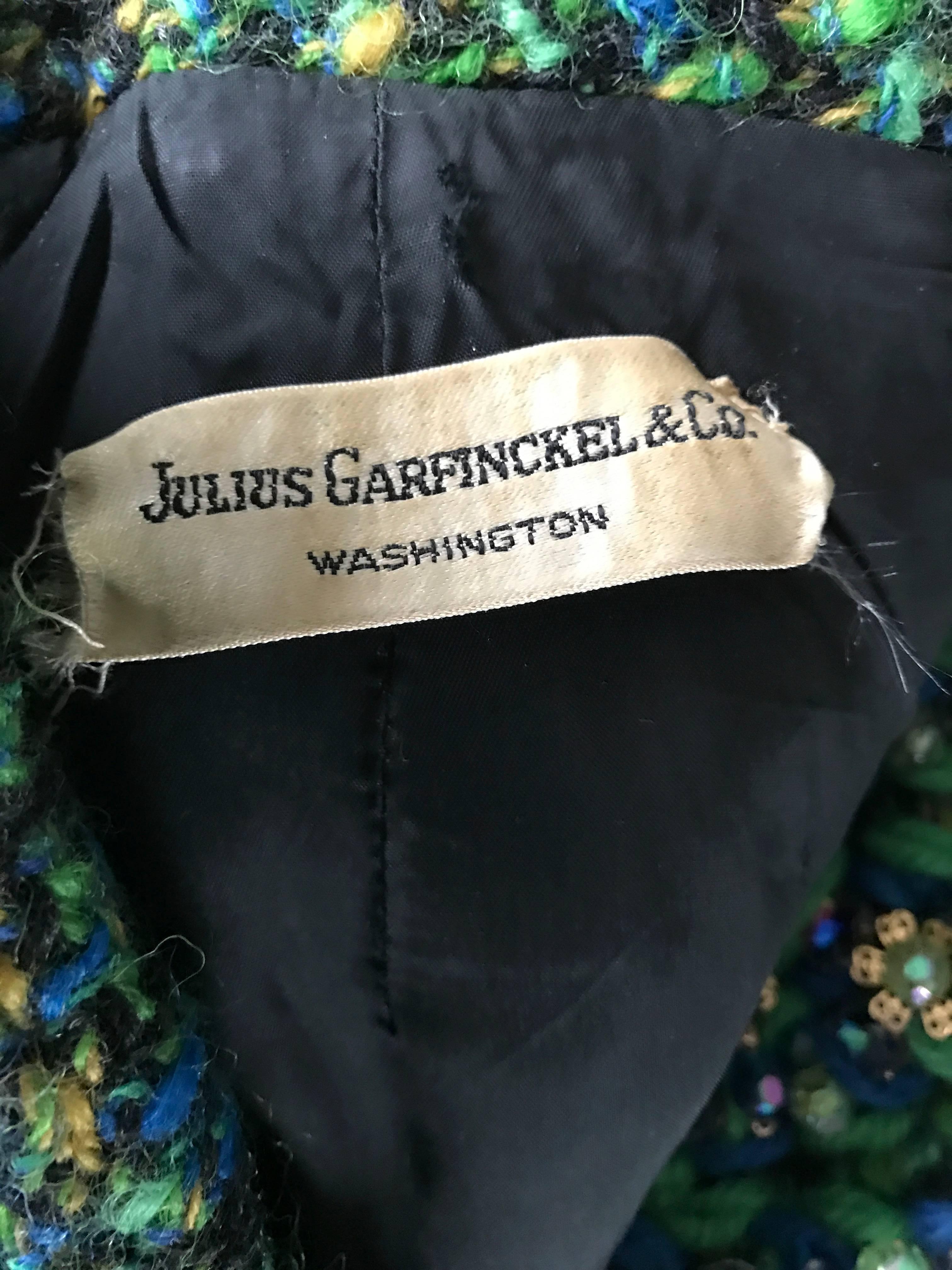 1960s Julius Garfinckel Blue and Green Boucle Beaded Mink Fur Trim A Line Dress For Sale 2