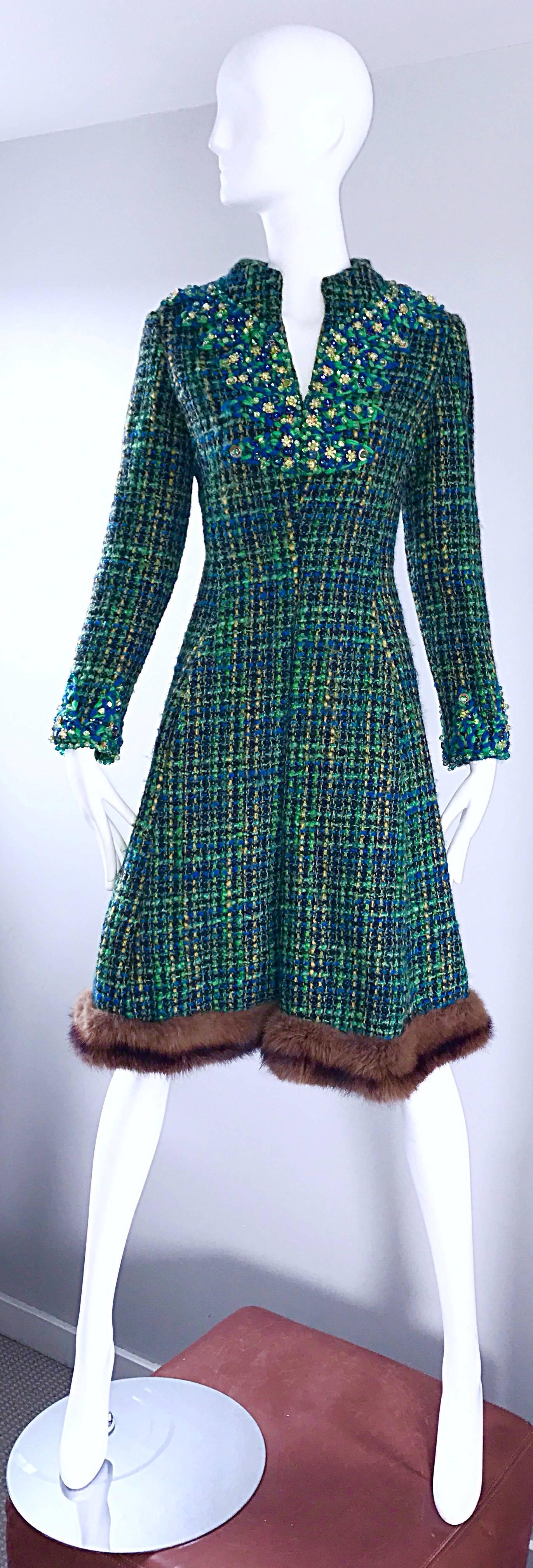 Super chic vintage 60s JULIUS GARFINCKEL green and blue boucle beaded long sleeve A-Line dress! Soft boucle in vibrant blue and green. Hand-sewn beads and sequins throughout the bodice and sleeves. Flattering A-Line fit, and sleek tailored long