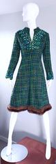 1960s Julius Garfinckel Blue and Green Boucle Beaded Mink Fur Trim A Line Dress
