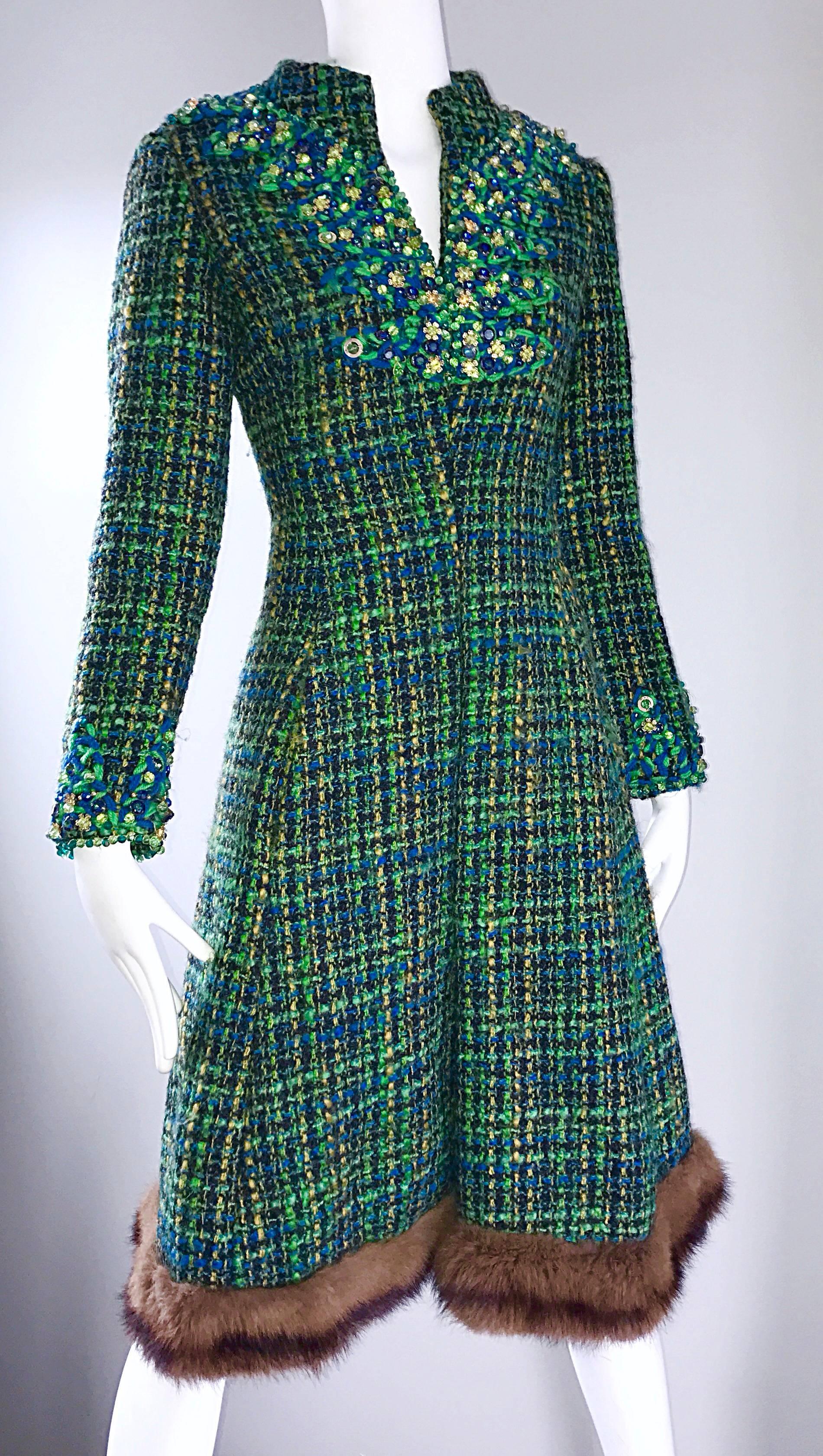 1960s Julius Garfinckel Blue and Green Boucle Beaded Mink Fur Trim A Line Dress In Excellent Condition For Sale In San Diego, CA