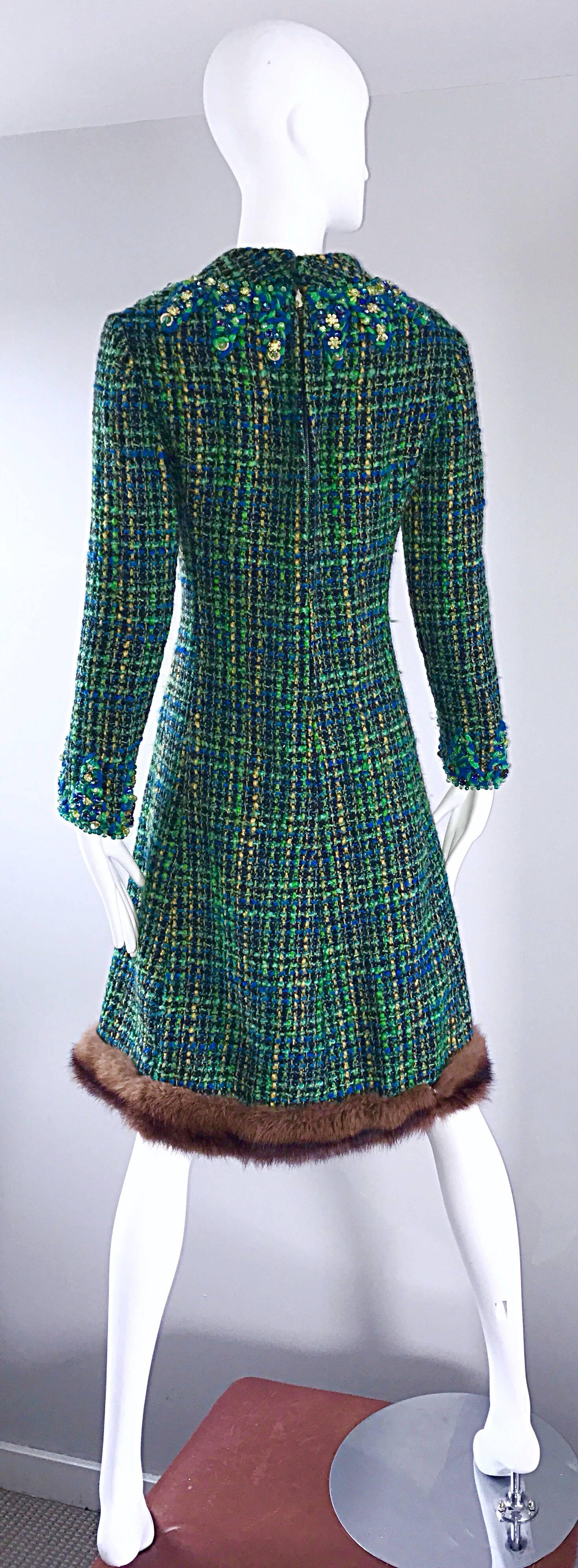 Women's 1960s Julius Garfinckel Blue and Green Boucle Beaded Mink Fur Trim A Line Dress For Sale