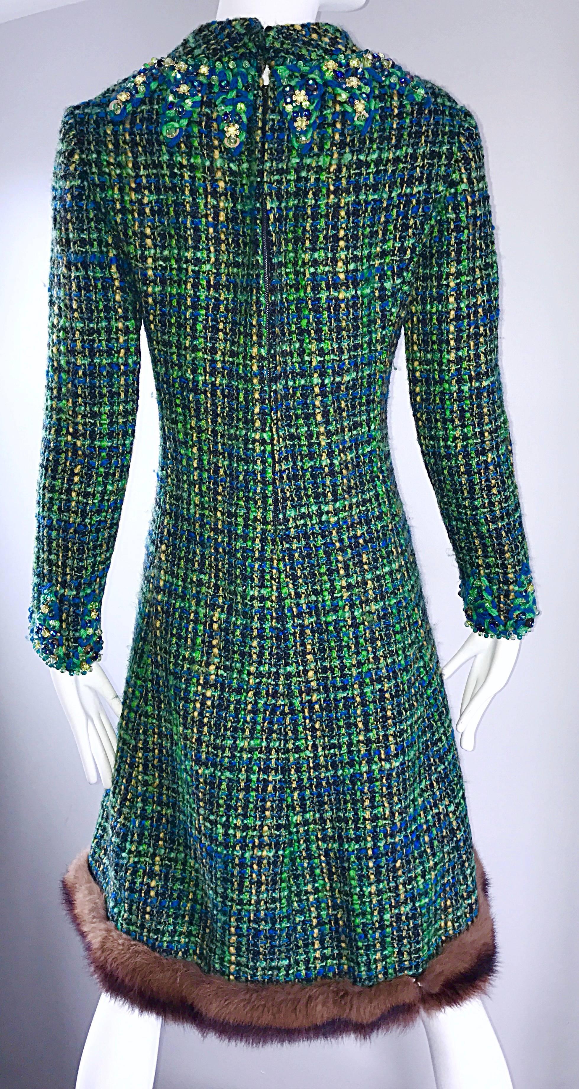 Black 1960s Julius Garfinckel Blue and Green Boucle Beaded Mink Fur Trim A Line Dress For Sale