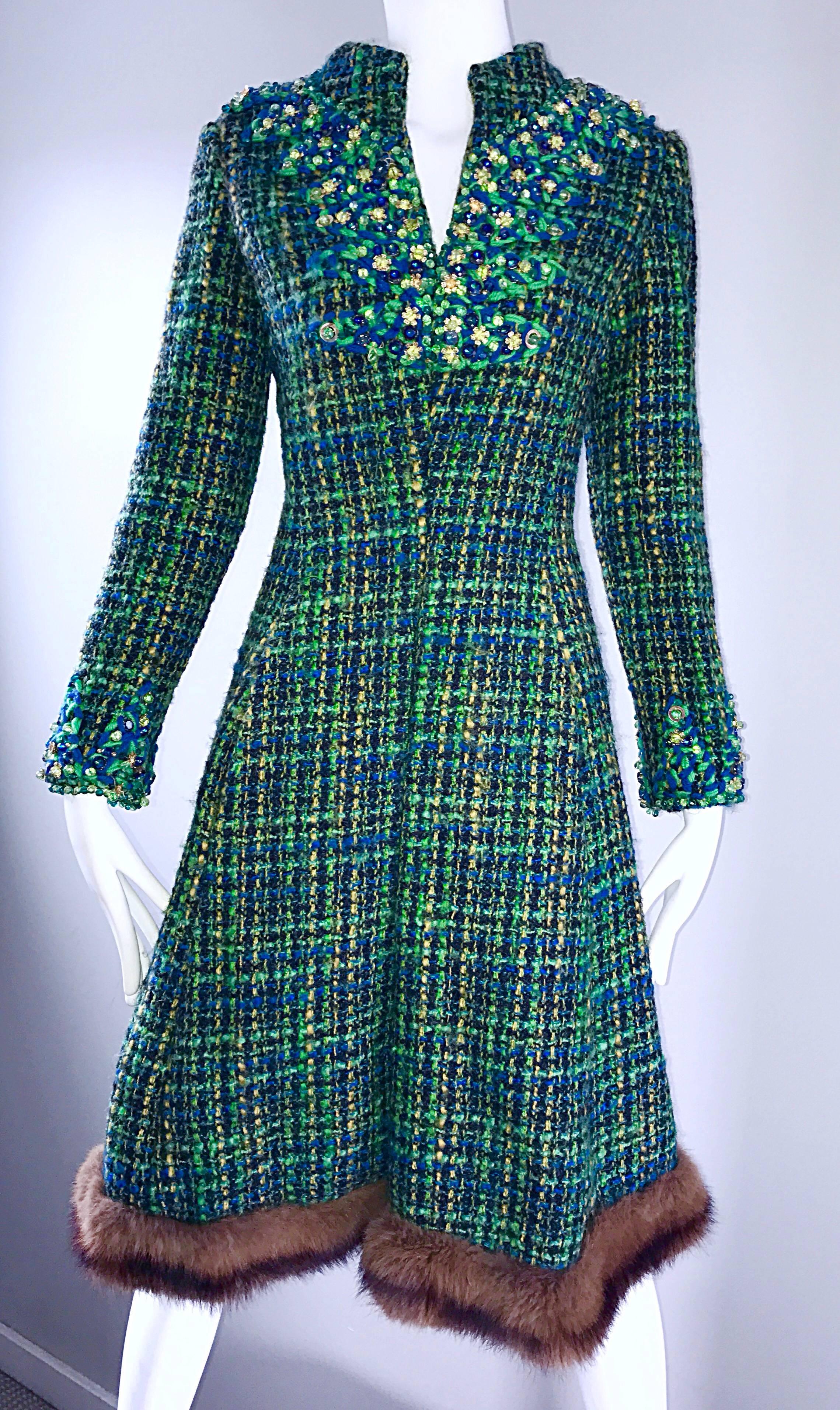 1960s Julius Garfinckel Blue and Green Boucle Beaded Mink Fur Trim A Line Dress For Sale 1