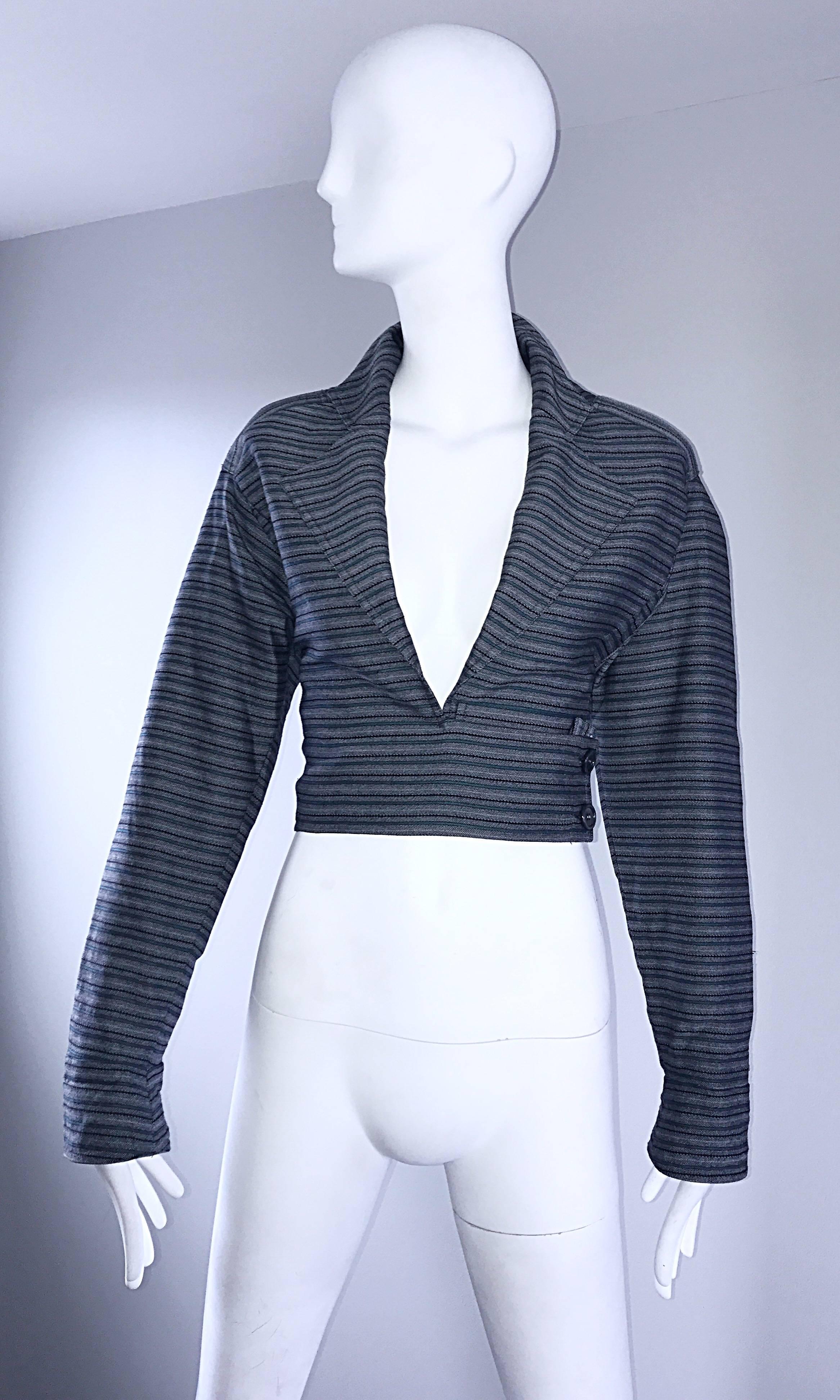 Chic Vintage Bernard Perris Gray + Blue + Green Striped Cropped Bolero Jacket  For Sale 1