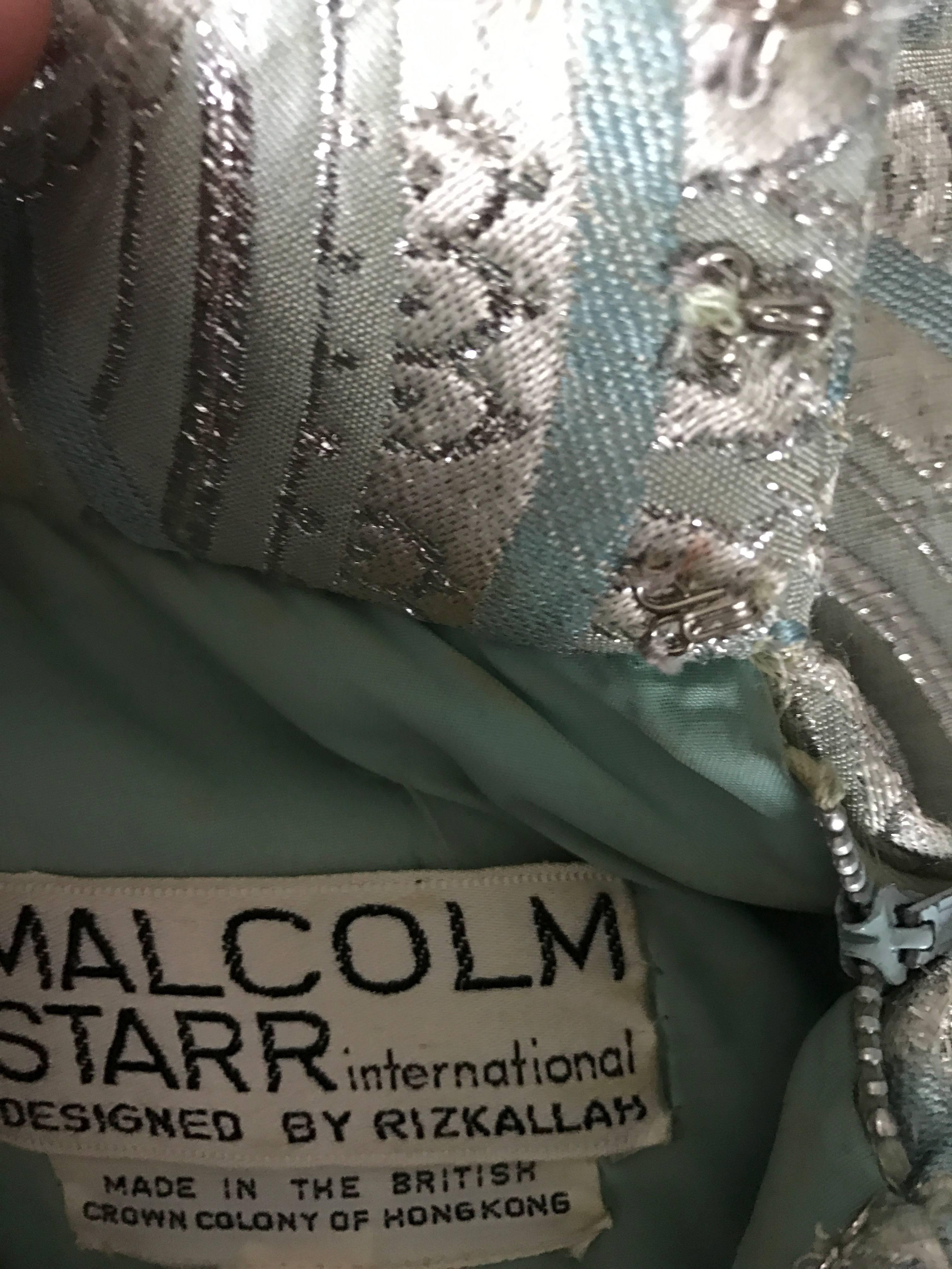 Rizkallah for Malcolm Starr Light Baby Blue and Silver Silk Brocade Gown, 1960s For Sale 2