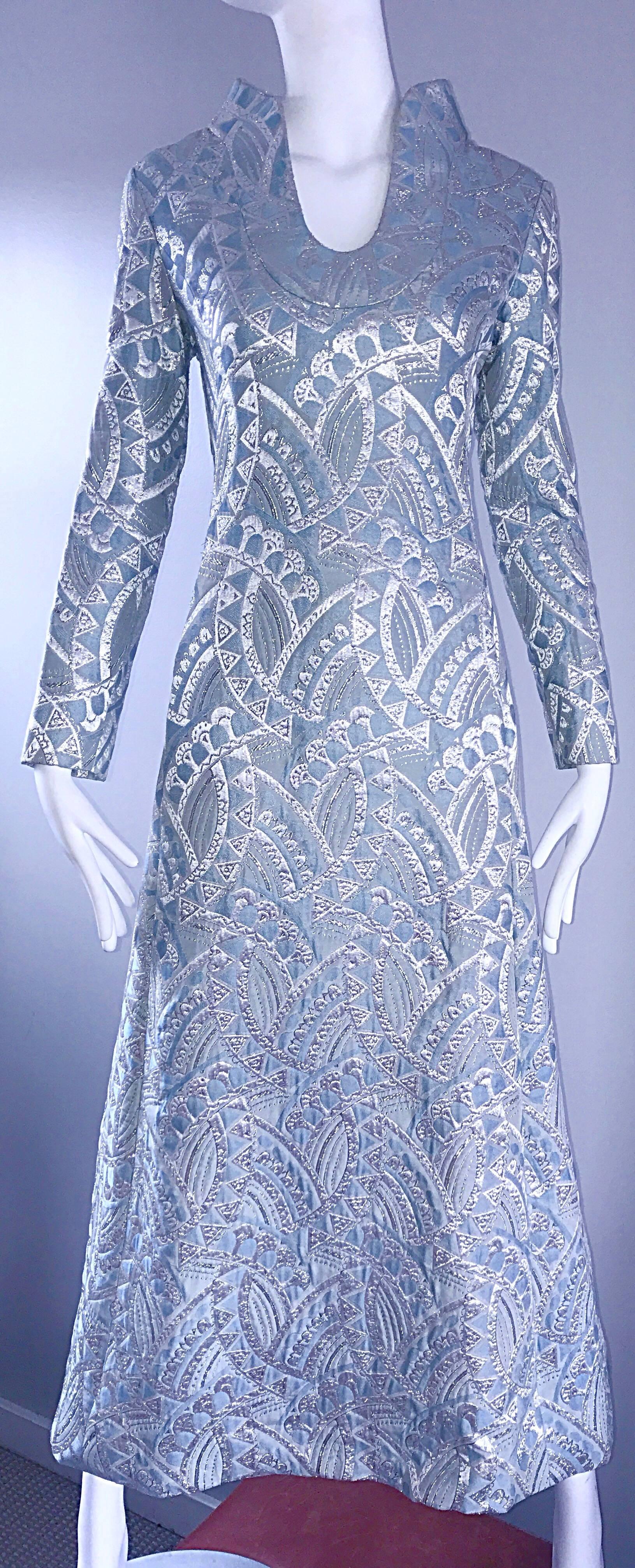 Purple Rizkallah for Malcolm Starr Light Baby Blue and Silver Silk Brocade Gown, 1960s For Sale