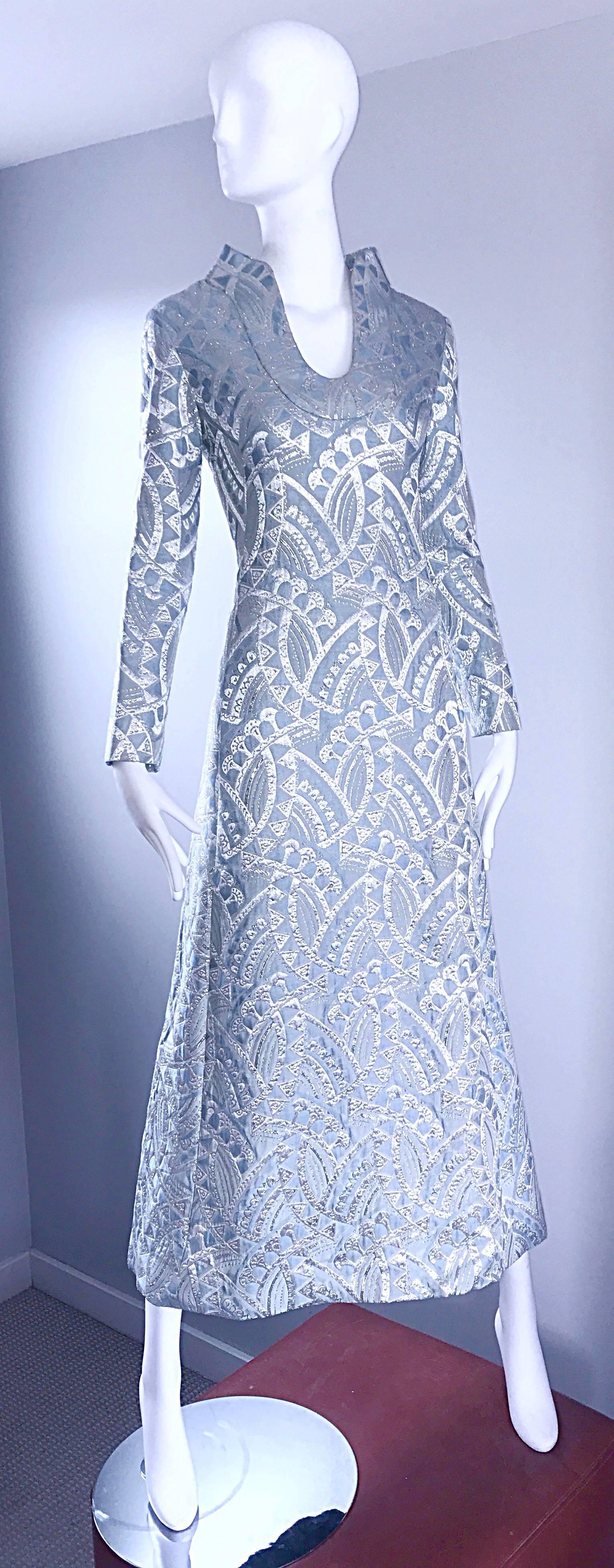 Rizkallah for Malcolm Starr Light Baby Blue and Silver Silk Brocade Gown, 1960s  In Excellent Condition For Sale In San Diego, CA