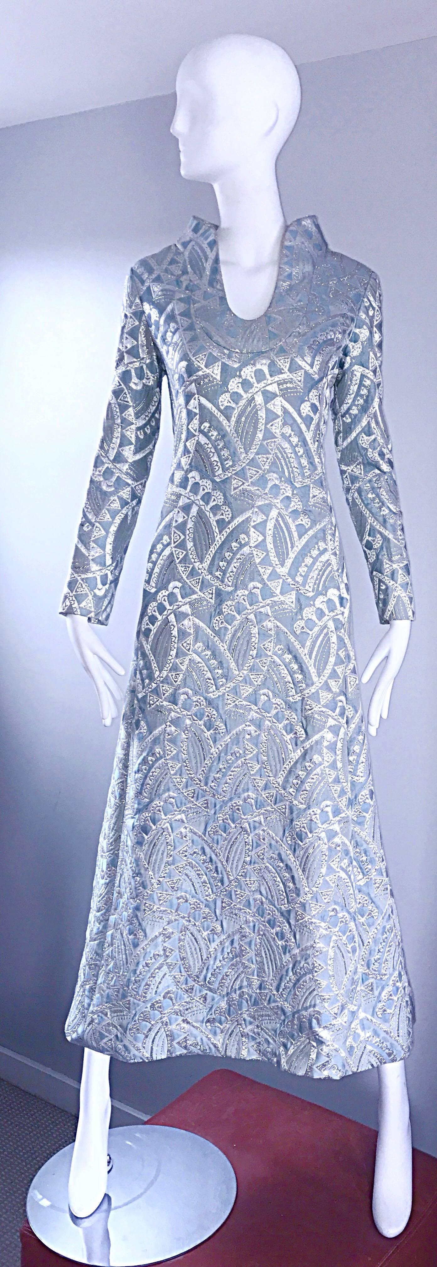 Rizkallah for Malcolm Starr Light Baby Blue and Silver Silk Brocade Gown, 1960s  For Sale 1