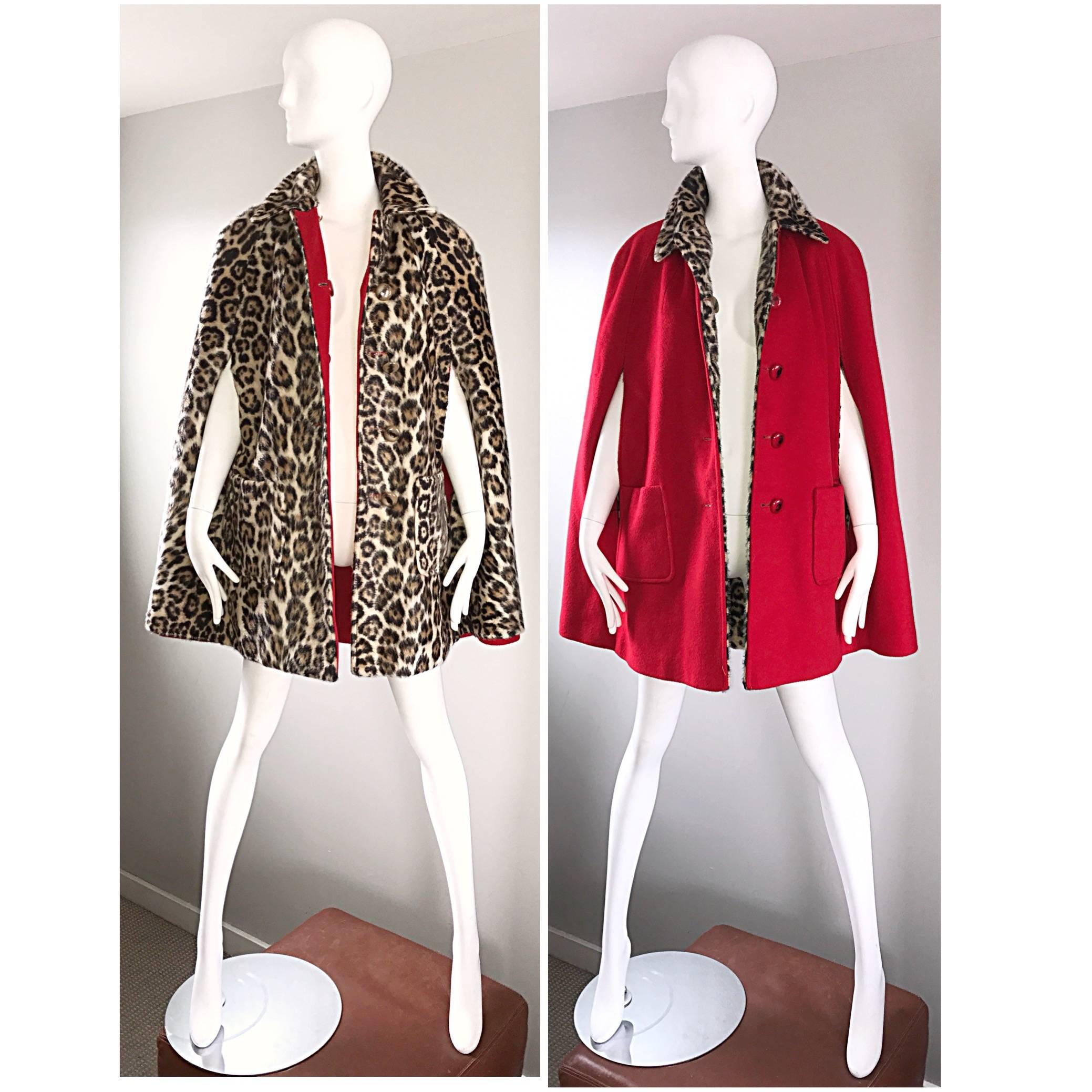 Brown Chic 1960s Reversible Leopard + Red Faux Fur Vintage 60s Cape Swing Jacket 