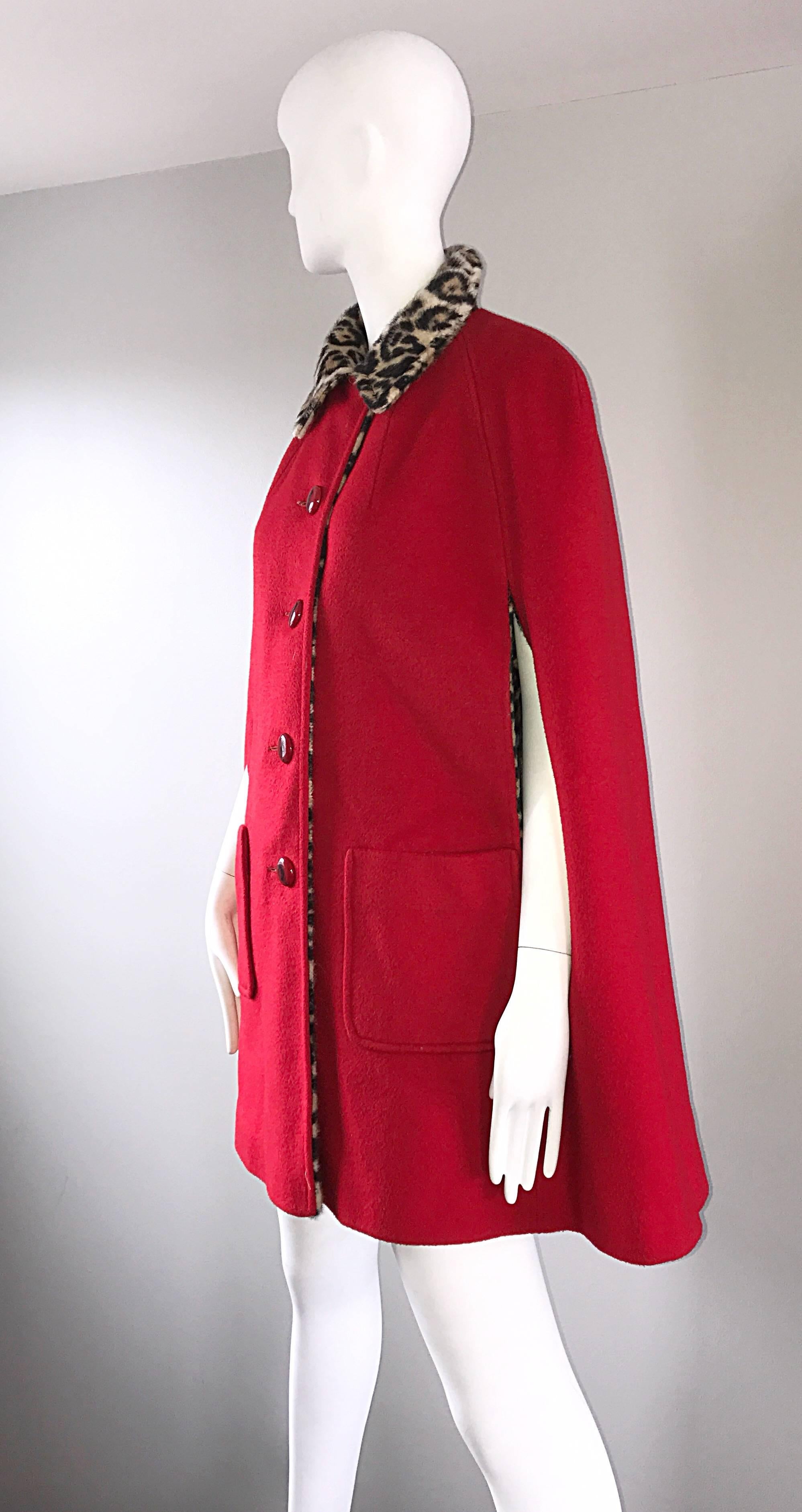 Chic 1960s Reversible Leopard + Red Faux Fur Vintage 60s Cape Swing Jacket  1