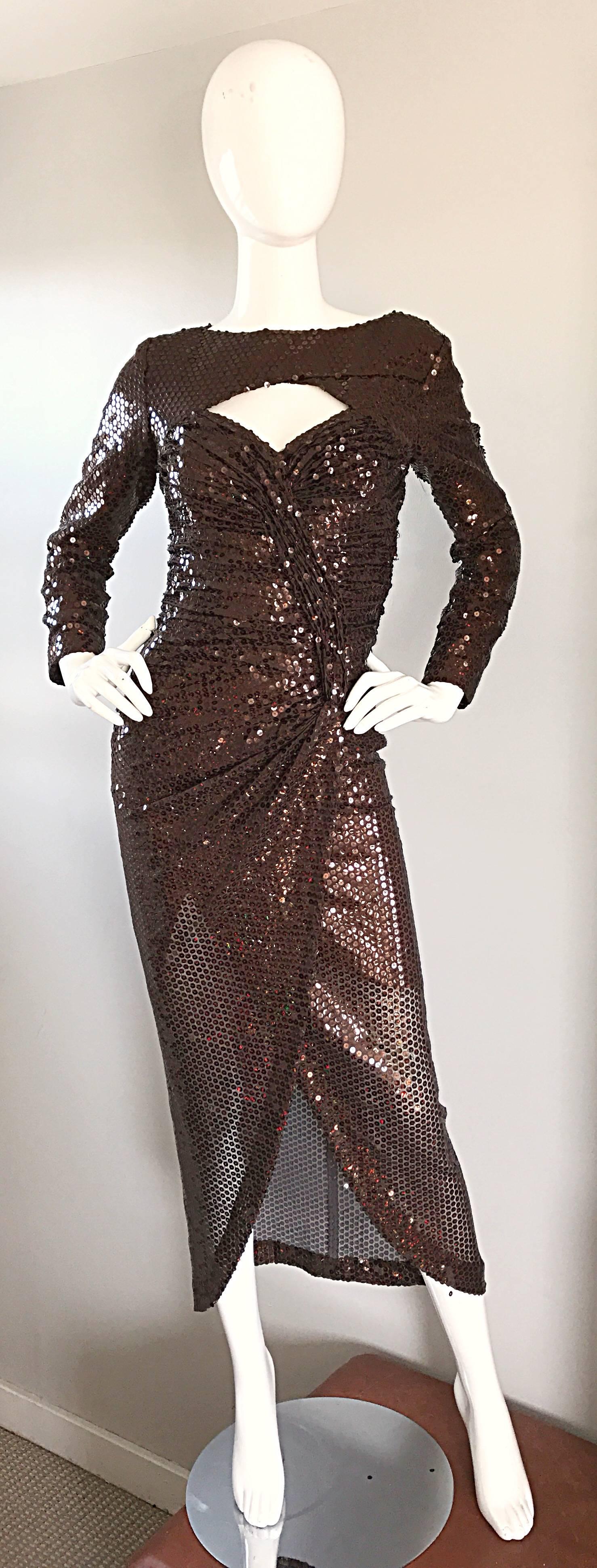 Insanely sexy vintage VICKY TIEL COUTURE brown sequined silk cut-out dress! Form fitting fit hugs the body in all the right places. Flattering ruched bodice hides any flaws. Thousands of hand-sewn iridescent prism sequins throughout the entire dress