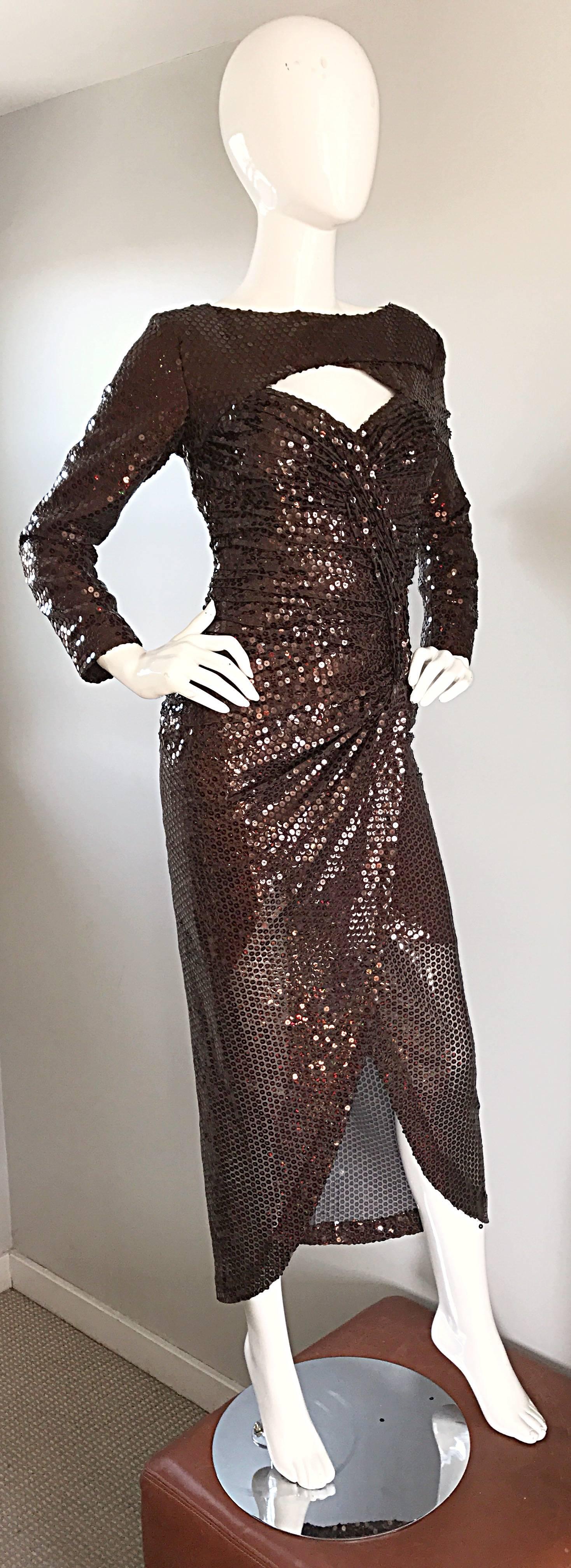 Vicky Tiel Vintage Couture Sexy Chocolate Brown Sequin Cut Out Bodycon Dress In Excellent Condition In San Diego, CA