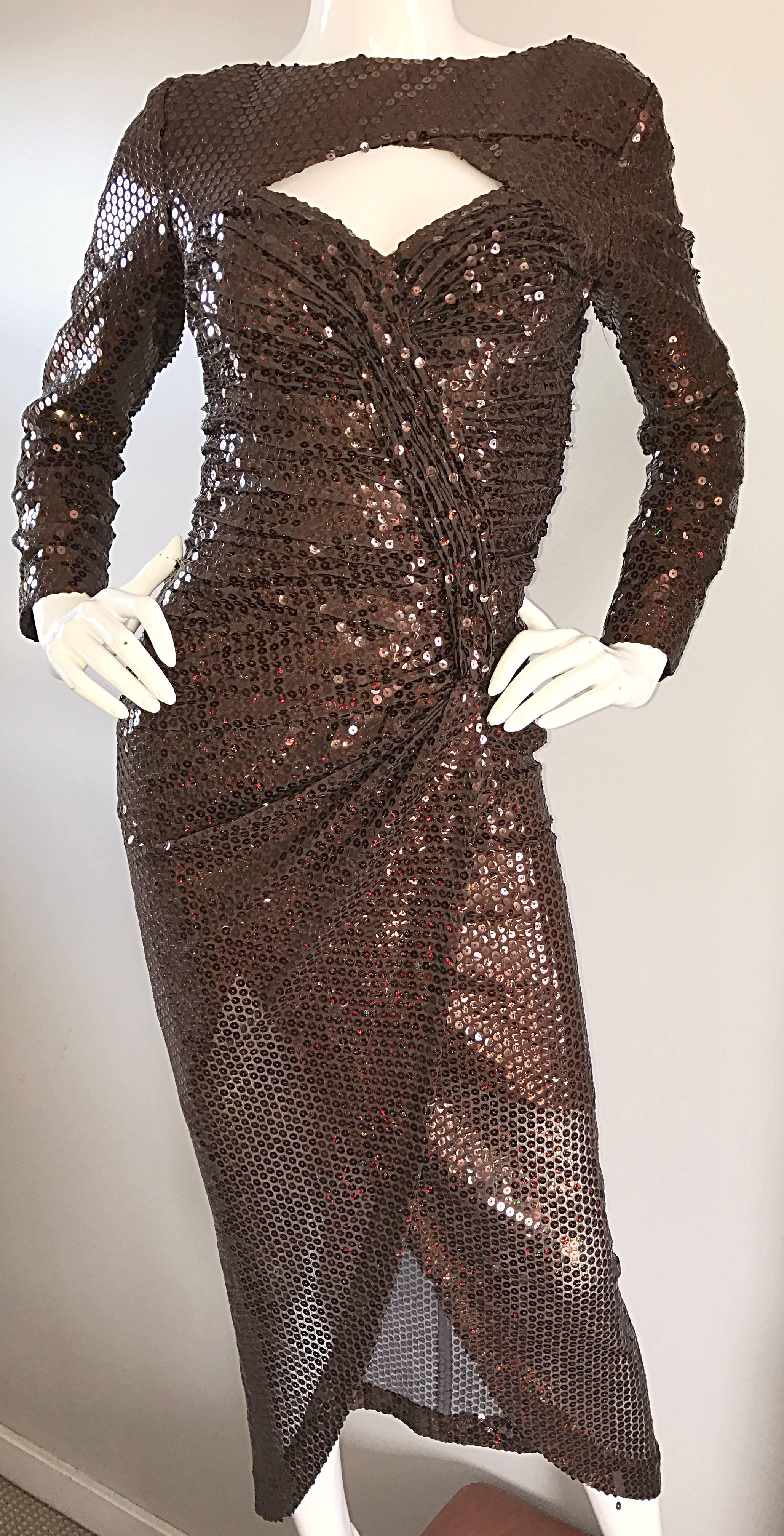 Women's Vicky Tiel Vintage Couture Sexy Chocolate Brown Sequin Cut Out Bodycon Dress