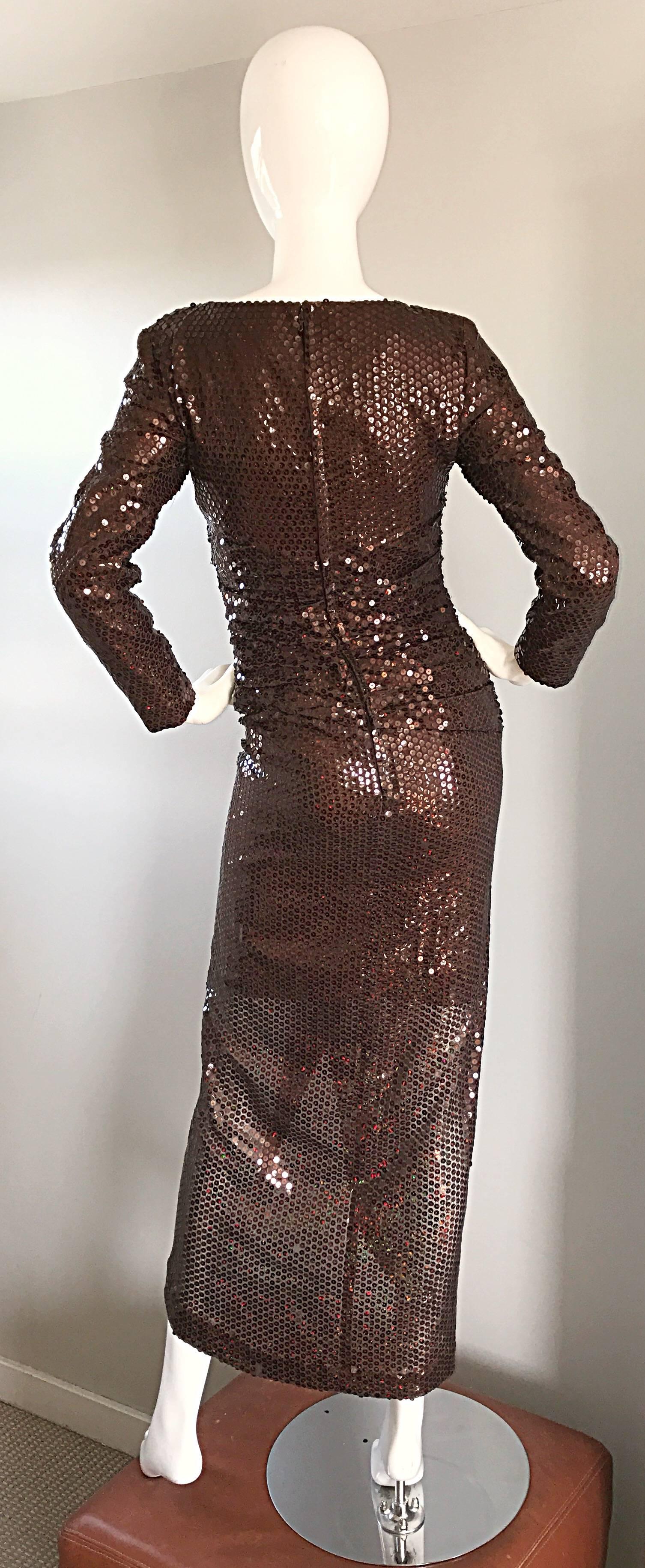 Vicky Tiel Vintage Couture Sexy Chocolate Brown Sequin Cut Out Bodycon Dress 1