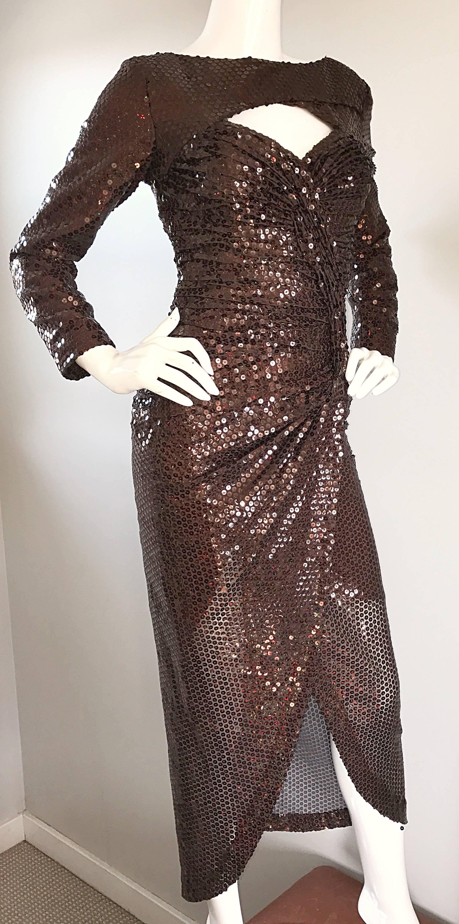 Vicky Tiel Vintage Couture Sexy Chocolate Brown Sequin Cut Out Bodycon Dress 2