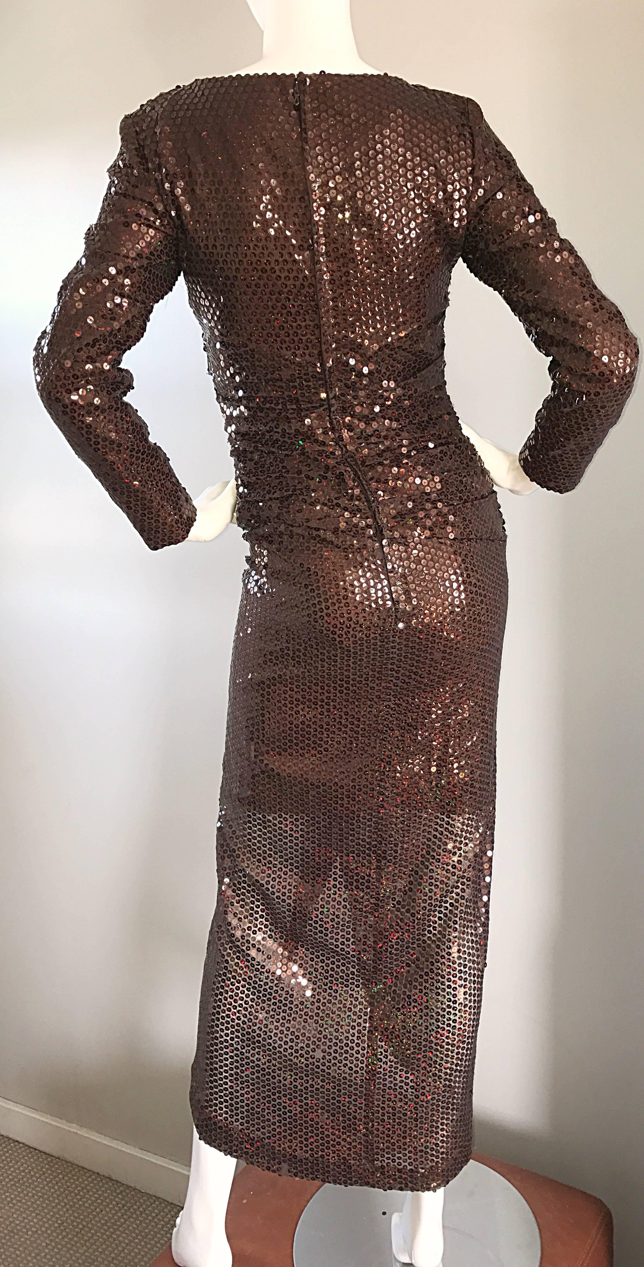 Vicky Tiel Vintage Couture Sexy Chocolate Brown Sequin Cut Out Bodycon Dress 3