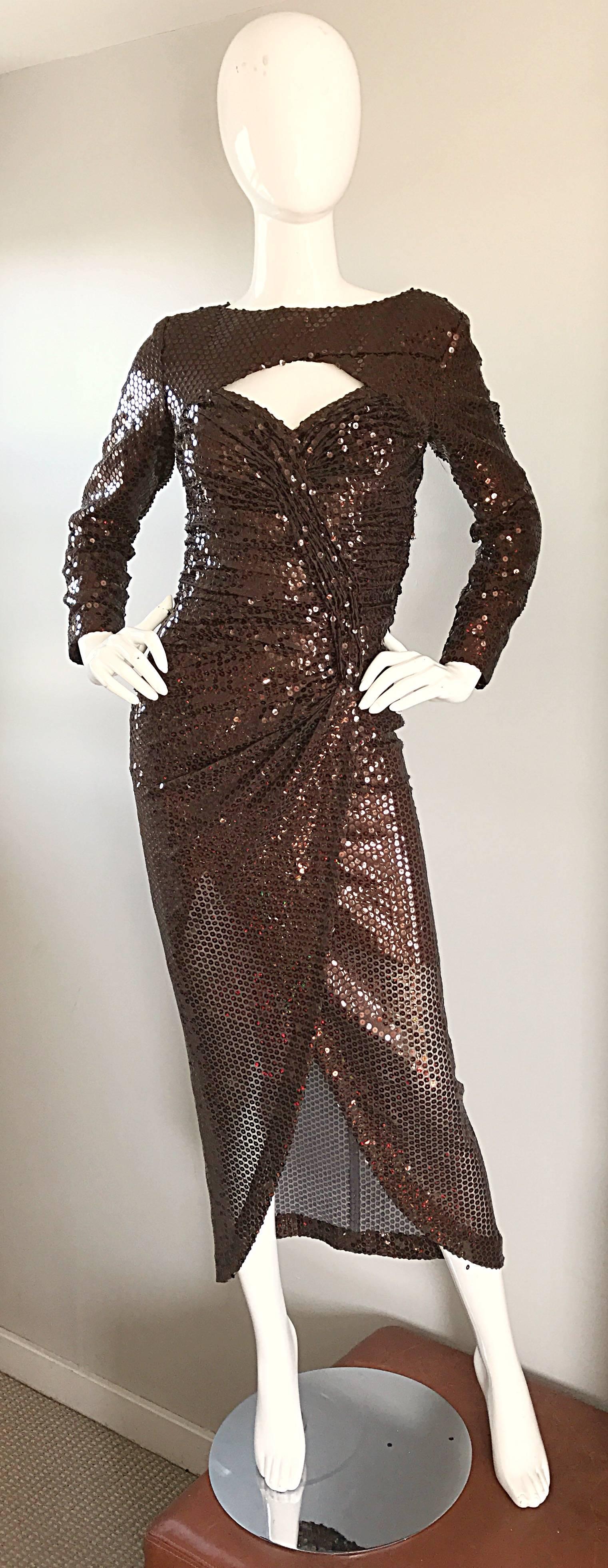 Vicky Tiel Vintage Couture Sexy Chocolate Brown Sequin Cut Out Bodycon Dress 4