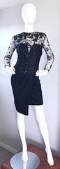 Vicky Tiel Couture Vintage Black Jersey + Lace + Sequins Sexy Asymmetrical Dress