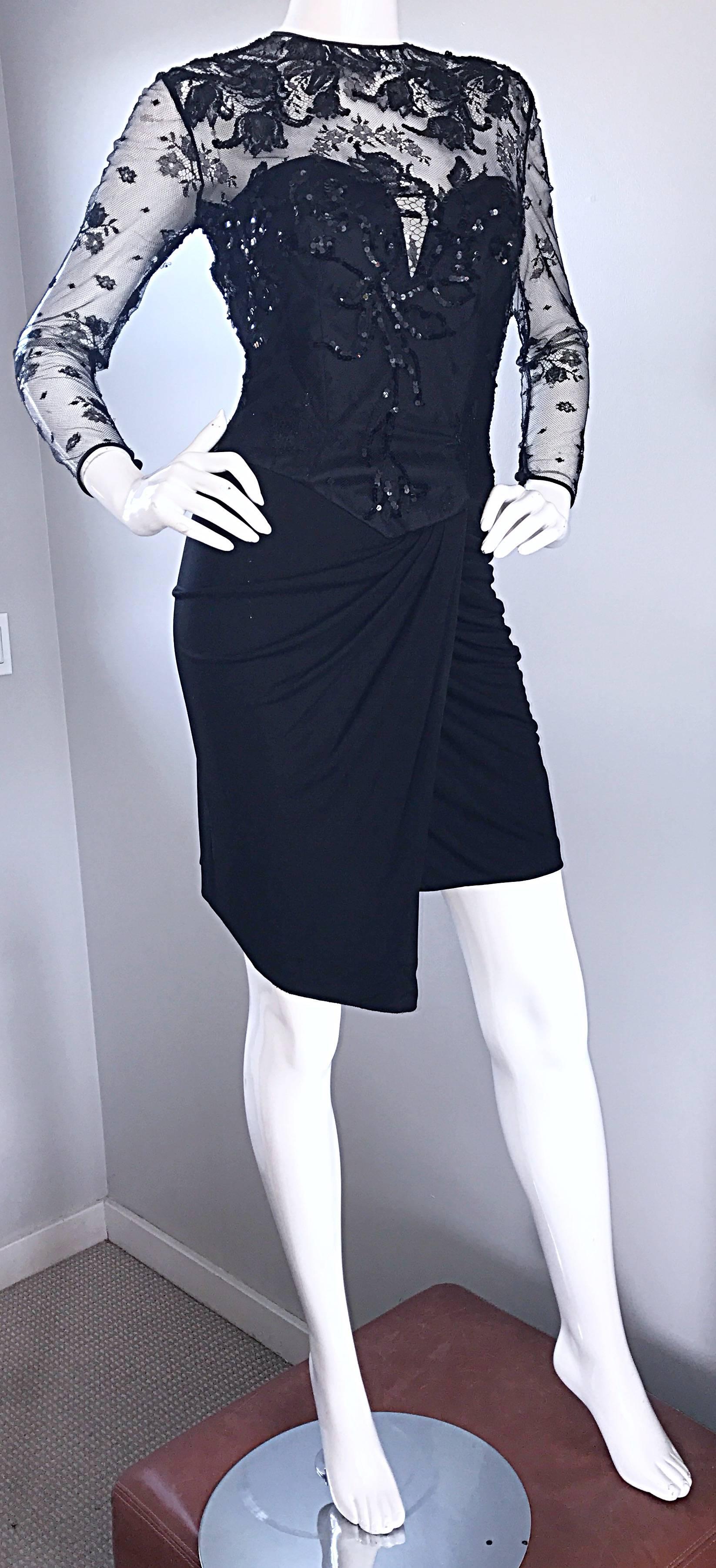Vicky Tiel Couture Sexy asymmetrisches Vintage-Kleid aus schwarzem Jersey + Spitze + Pailletten (Schwarz) im Angebot