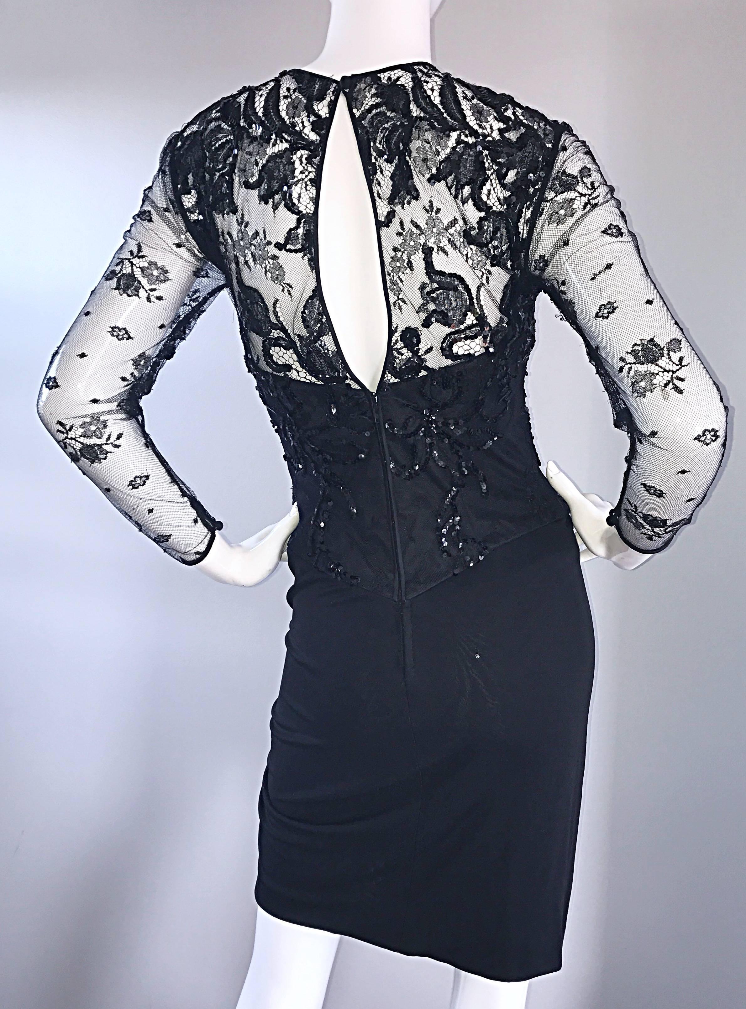 Vicky Tiel Couture Sexy asymmetrisches Vintage-Kleid aus schwarzem Jersey + Spitze + Pailletten im Zustand „Hervorragend“ im Angebot in San Diego, CA