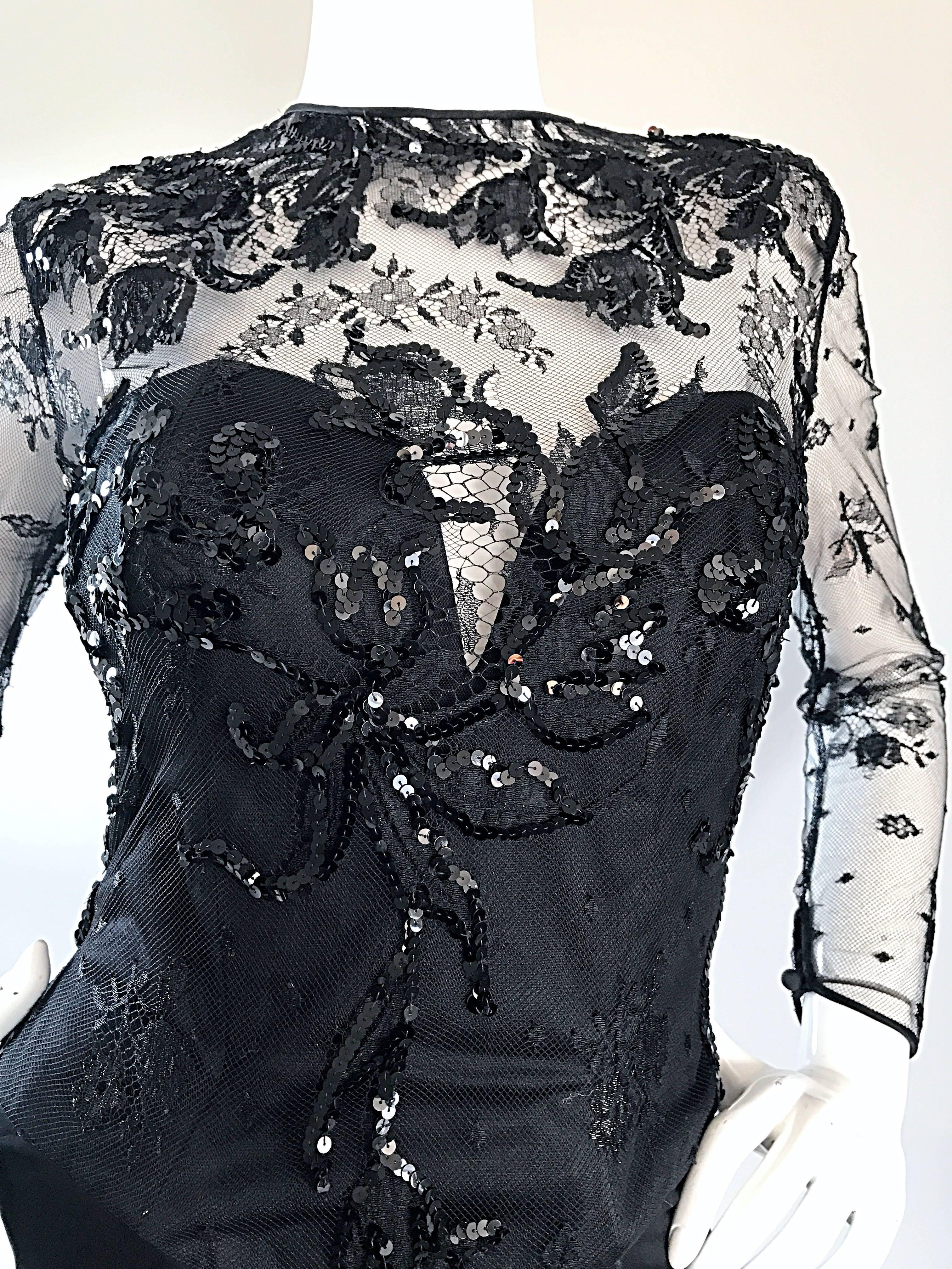 Vicky Tiel Couture Vintage Black Jersey + Lace + Sequins Sexy Asymmetrical Dress In Excellent Condition For Sale In San Diego, CA
